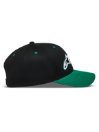 Alpinestars Retro Snapback Kappe, Sportswear Baseballkappe in Schwarz und Grün, gebogener Schirm und strukturierte Krone.