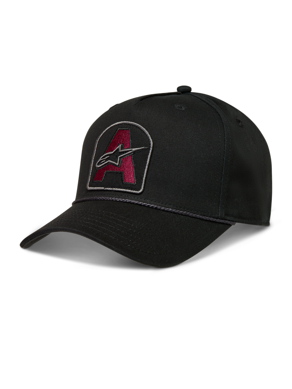 Alpinestars Acme Snapback Kappe, schwarze Twill-Cap mit burgunderrotem Astars-Logo-Patch, Seilbesatz und gebogenem Schirm.