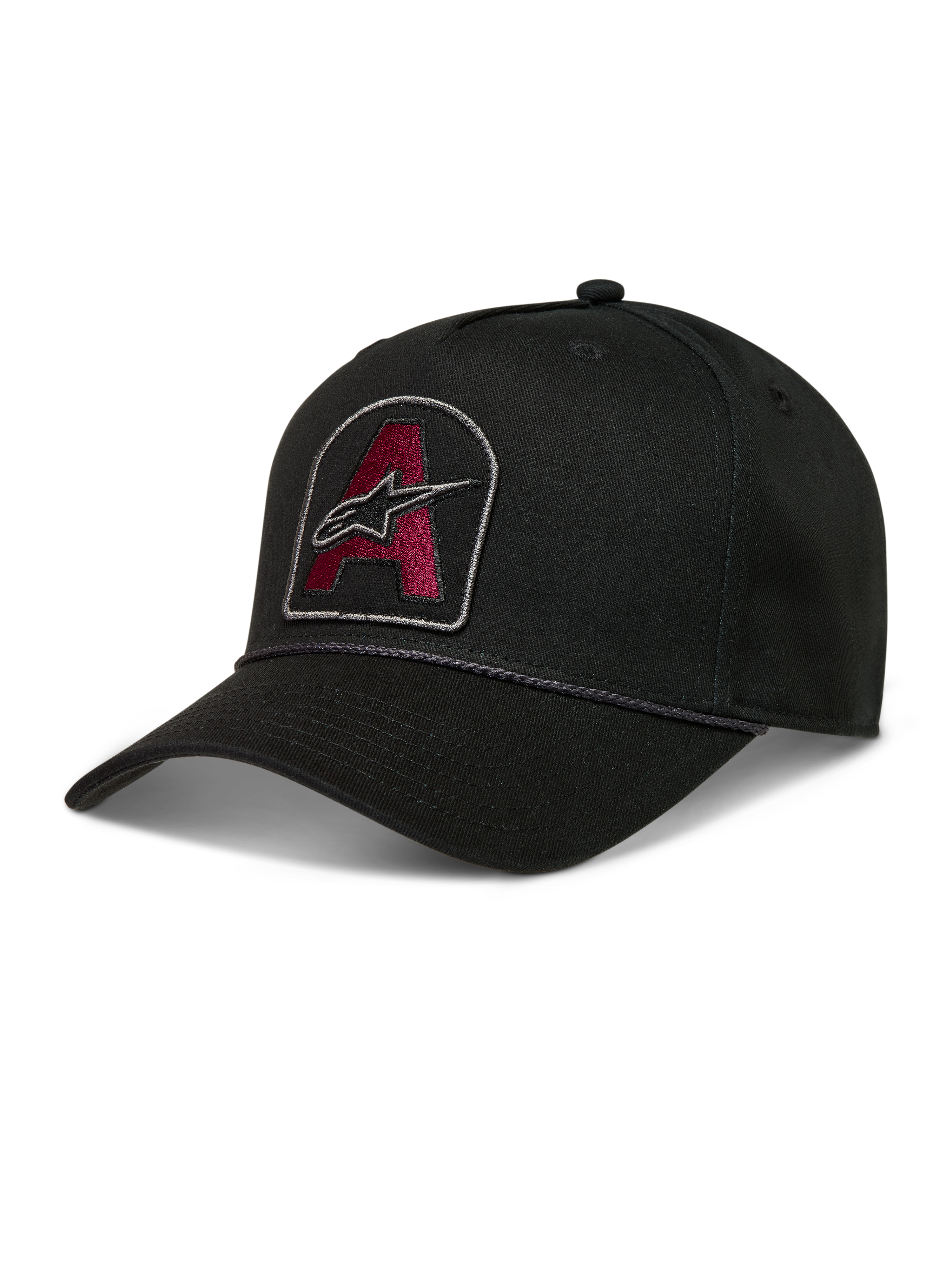 Alpinestars Acme Snapback Kappe, schwarze Twill-Cap mit burgunderrotem Astars-Logo-Patch, Seilbesatz und gebogenem Schirm.