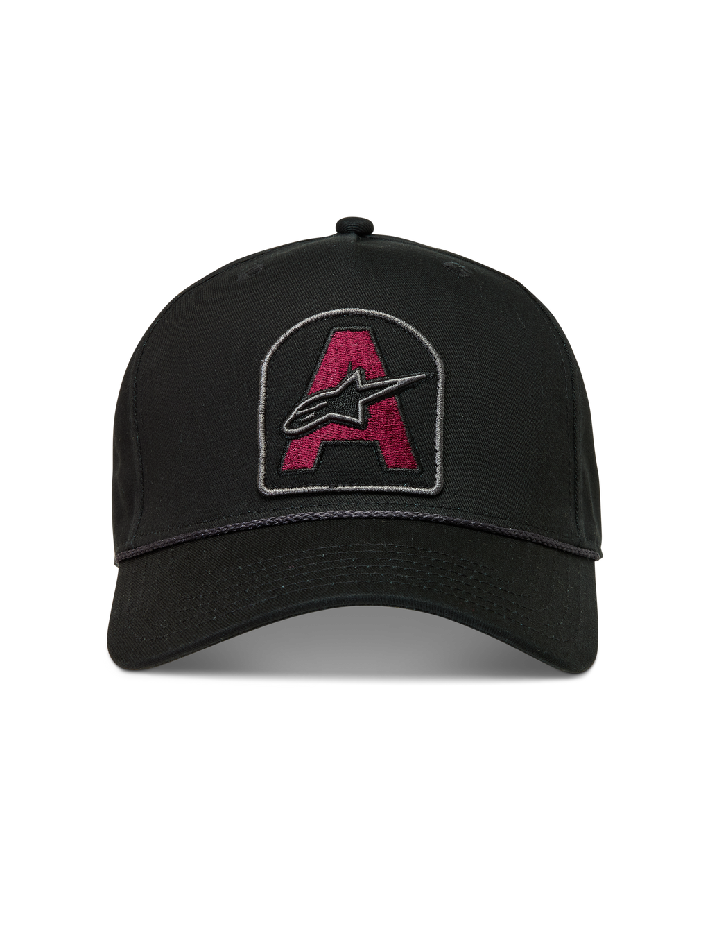 Alpinestars Acme Snapback Kappe, schwarze Sportswear-Kappe mit dunkelrotem Astars-Logo-Stickerei-Patch, gebogenem Schirm und Seilbesatz.