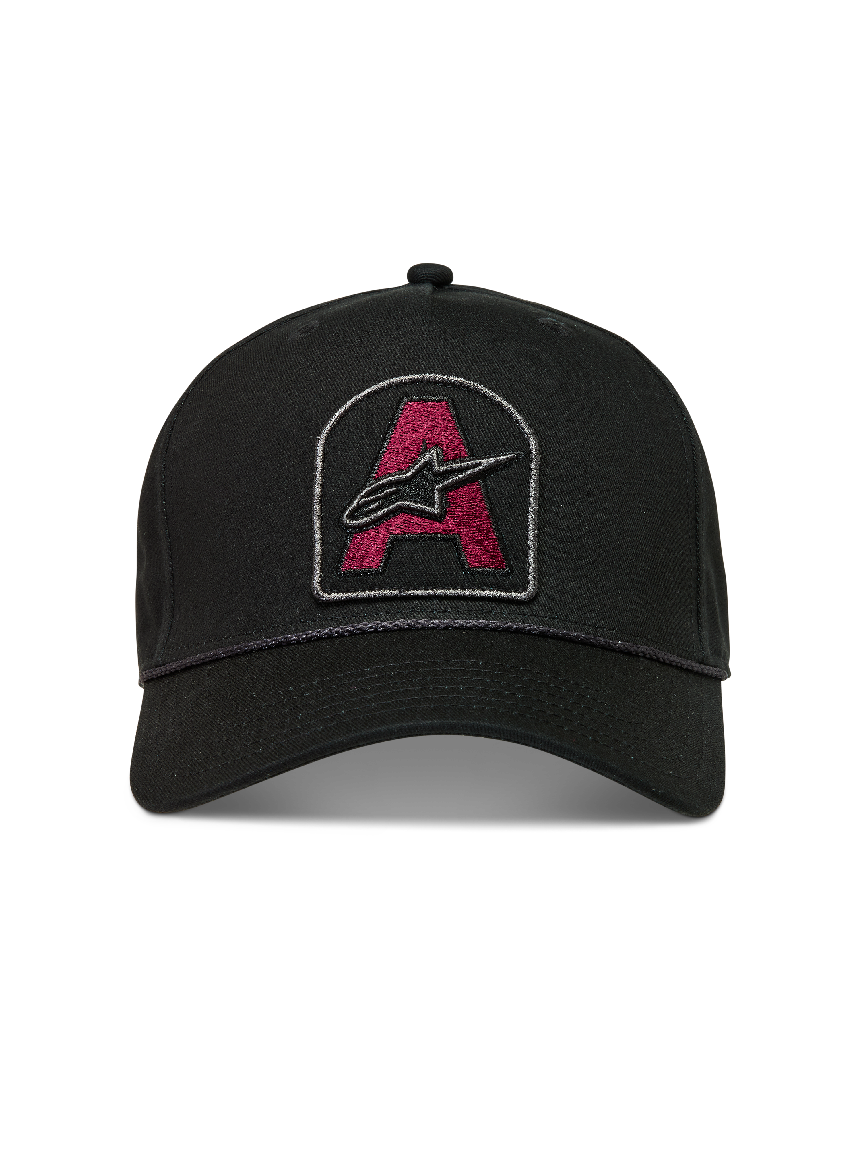 Alpinestars Acme Snapback Kappe, schwarze Sportswear-Kappe mit dunkelrotem Astars-Logo-Stickerei-Patch, gebogenem Schirm und Seilbesatz.