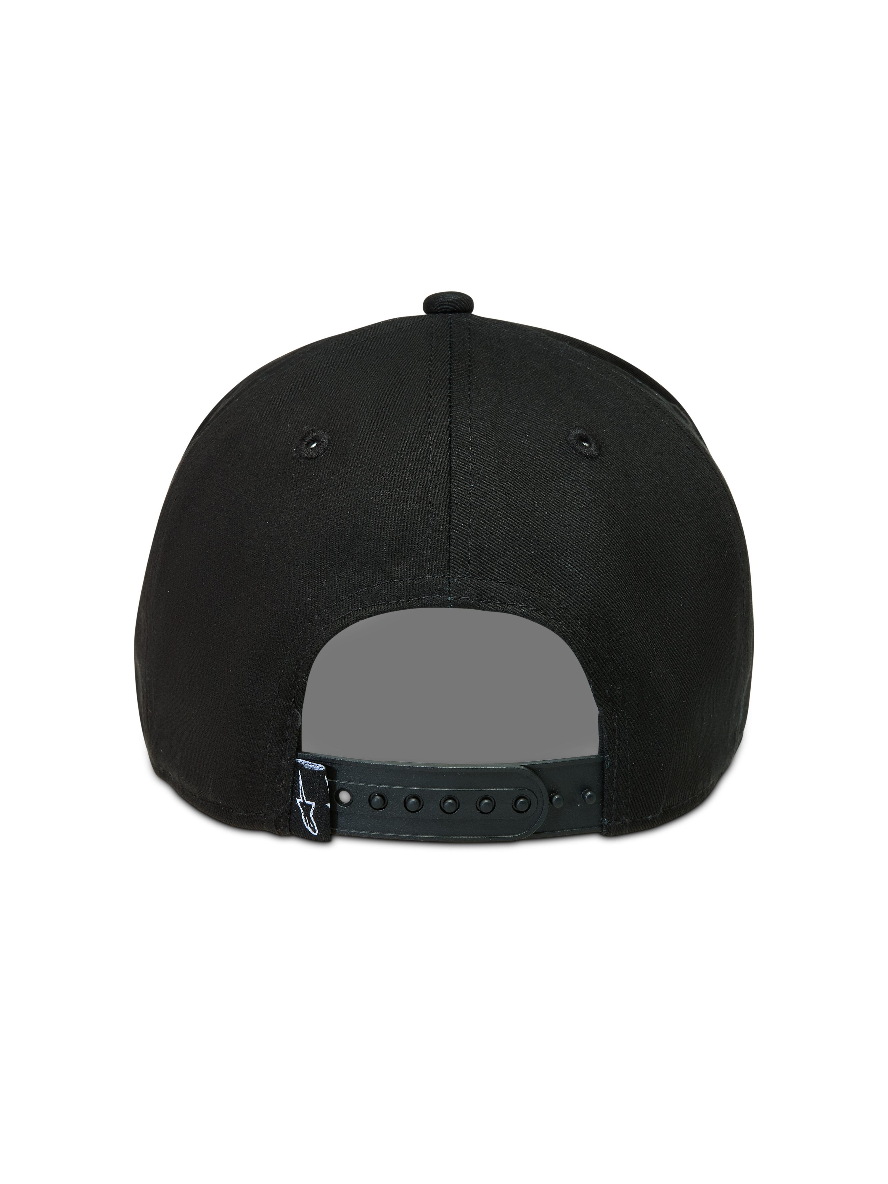 Alpinestars Acme Snapback Kappe, schwarze Sportswear-Kappe, Rückansicht mit verstellbarem Snapback-Verschluss und kleinem Logo-Etikett.