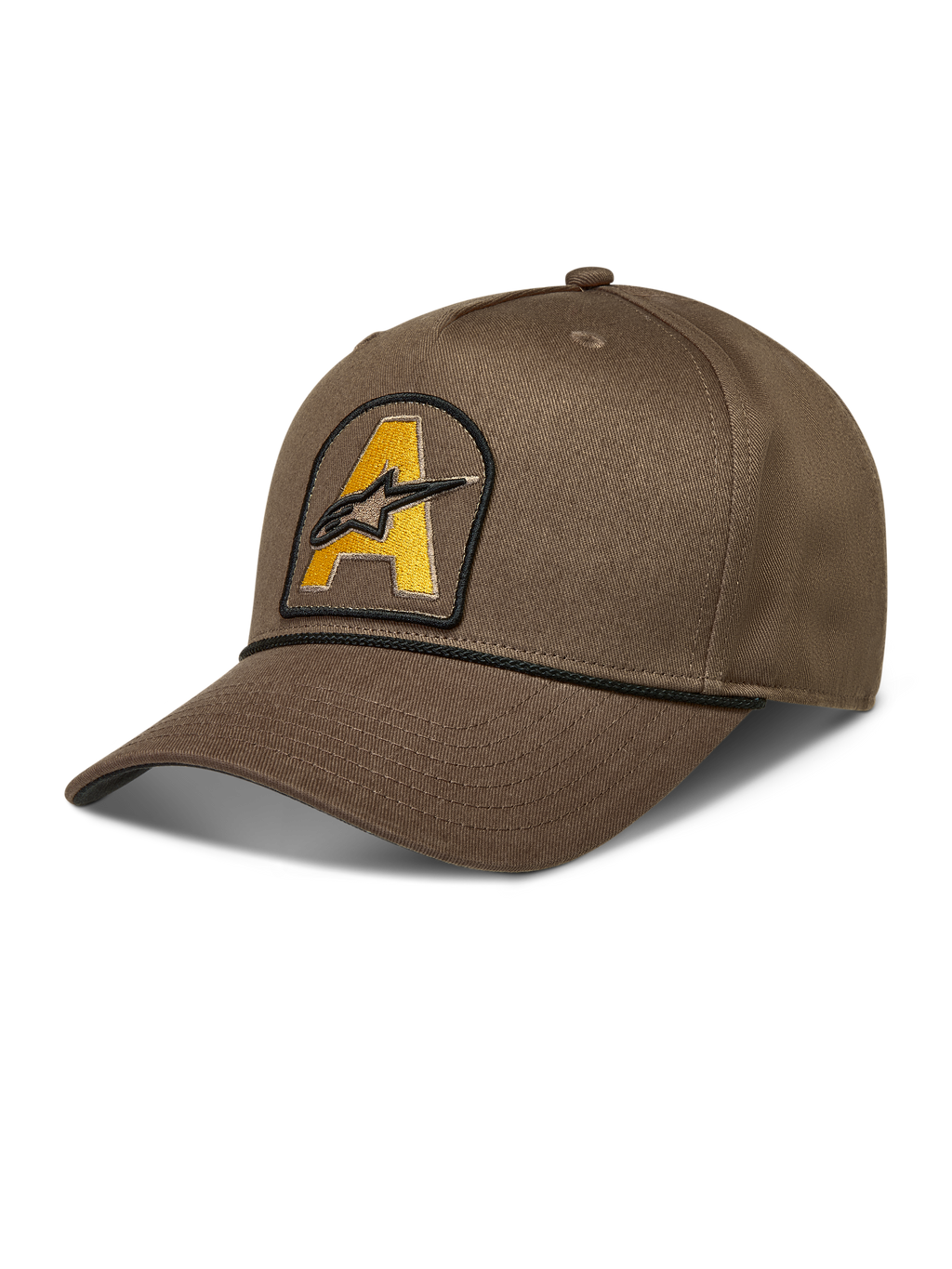 Alpinestars Acme Snapback Hat, walnut brown sportswear cap with a curved bill and yellow Astars logo patch featuring black rope trim.