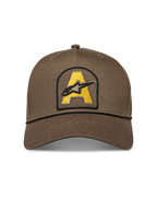 Alpinestars Acme Snapback Hat, walnut brown cotton twill cap with yellow embroidered logo patch and rope trim.