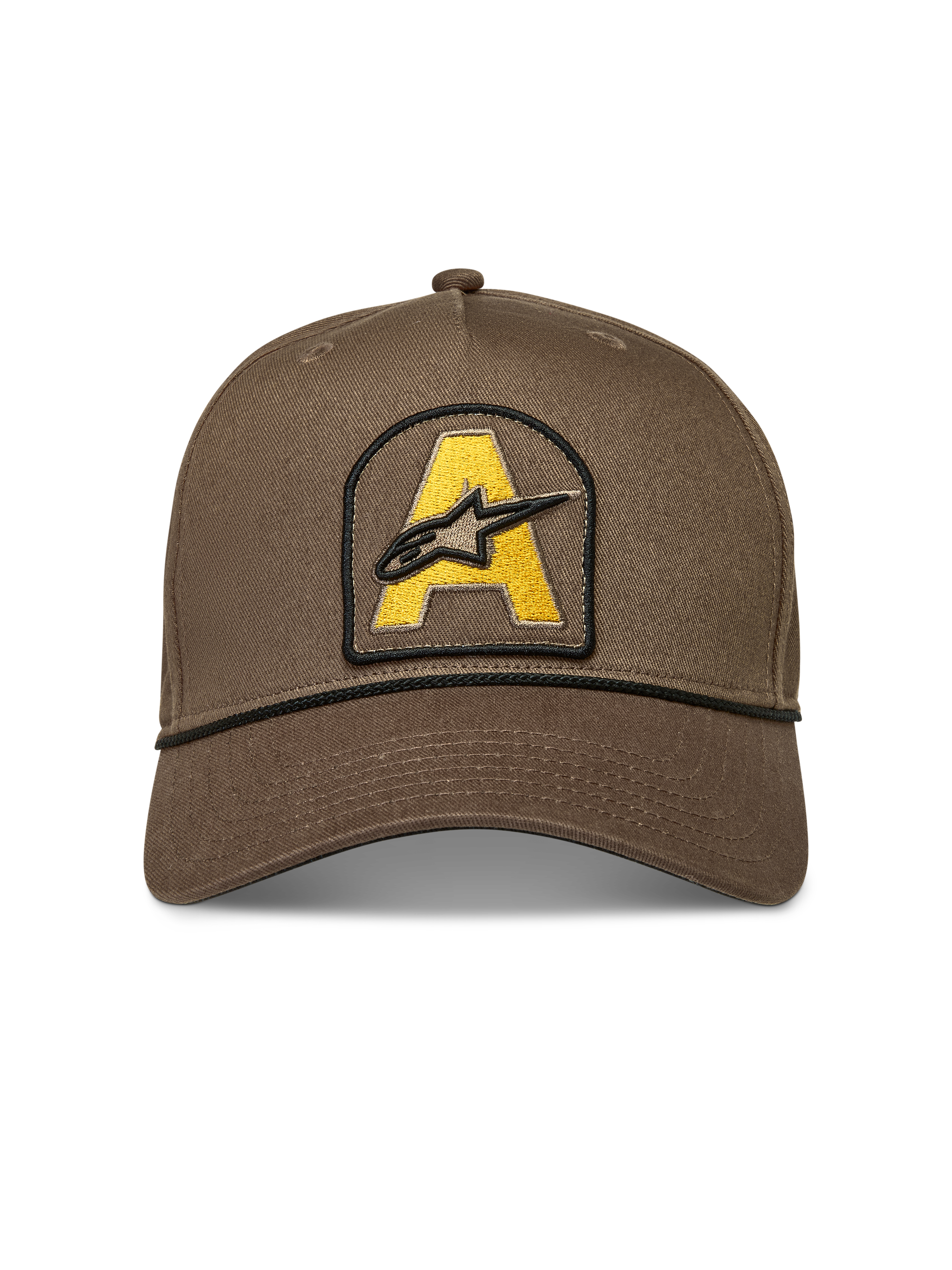 Alpinestars Acme Snapback Hat, walnut brown cotton twill cap with yellow embroidered logo patch and rope trim.