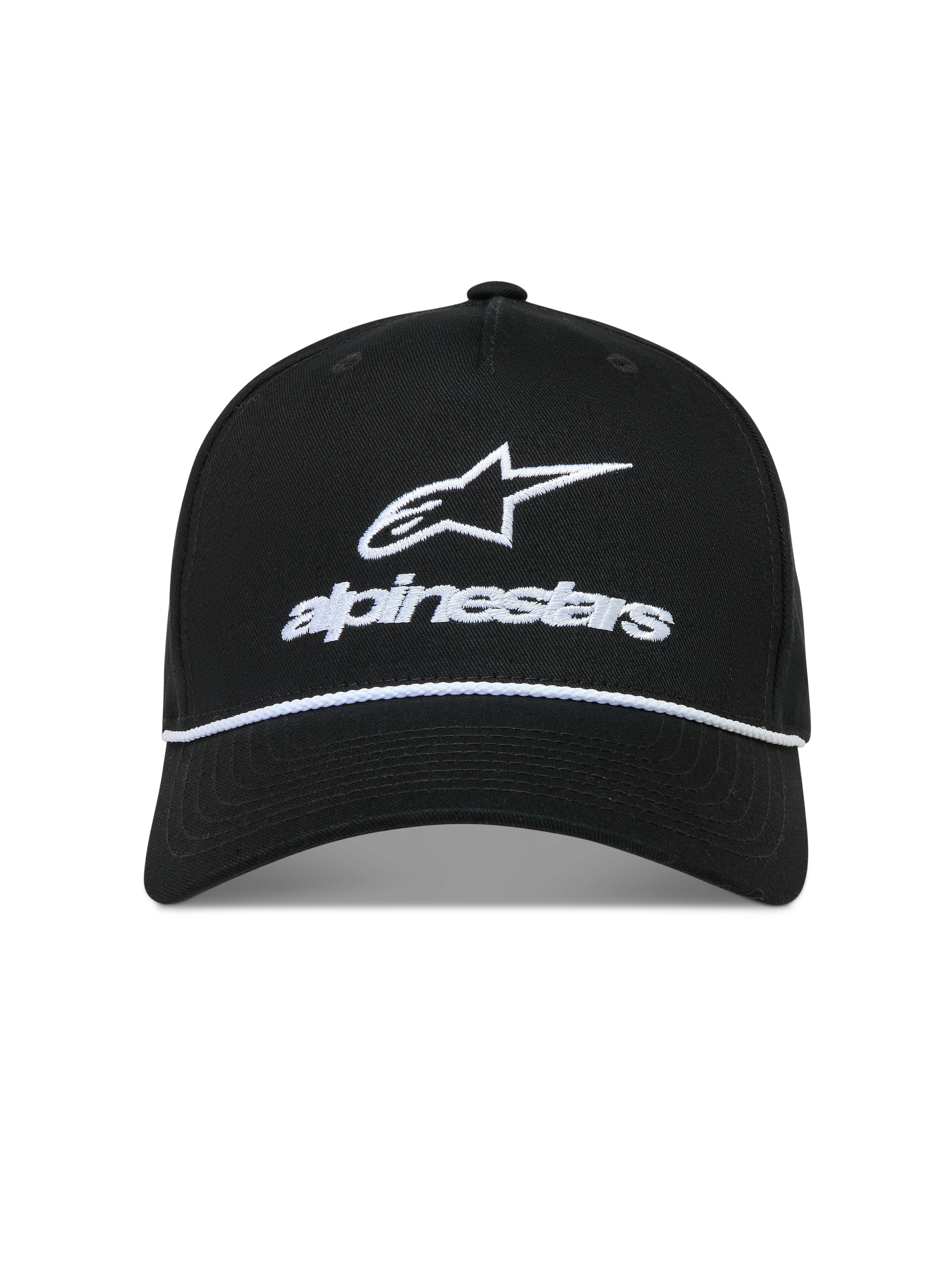 Alpinestars Combo Logo Snapback Kappe, schwarze Sportswear-Kappe mit weißer Astars-Logo-Stickerei und Seildetail.