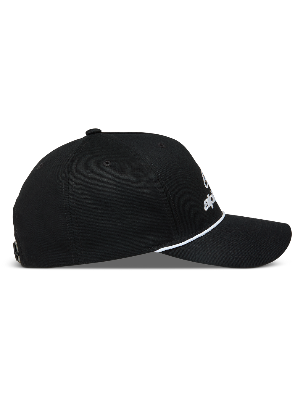 Alpinestars Combo Logo Snapback Kappe, schwarze Baseball-Cap in Seitenansicht mit gebogenem Schirm und weißem Kordel-Detail.