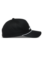 Alpinestars Combo Logo Snapback Kappe, schwarze Baseball-Cap in Seitenansicht mit gebogenem Schirm und weißem Kordel-Detail.