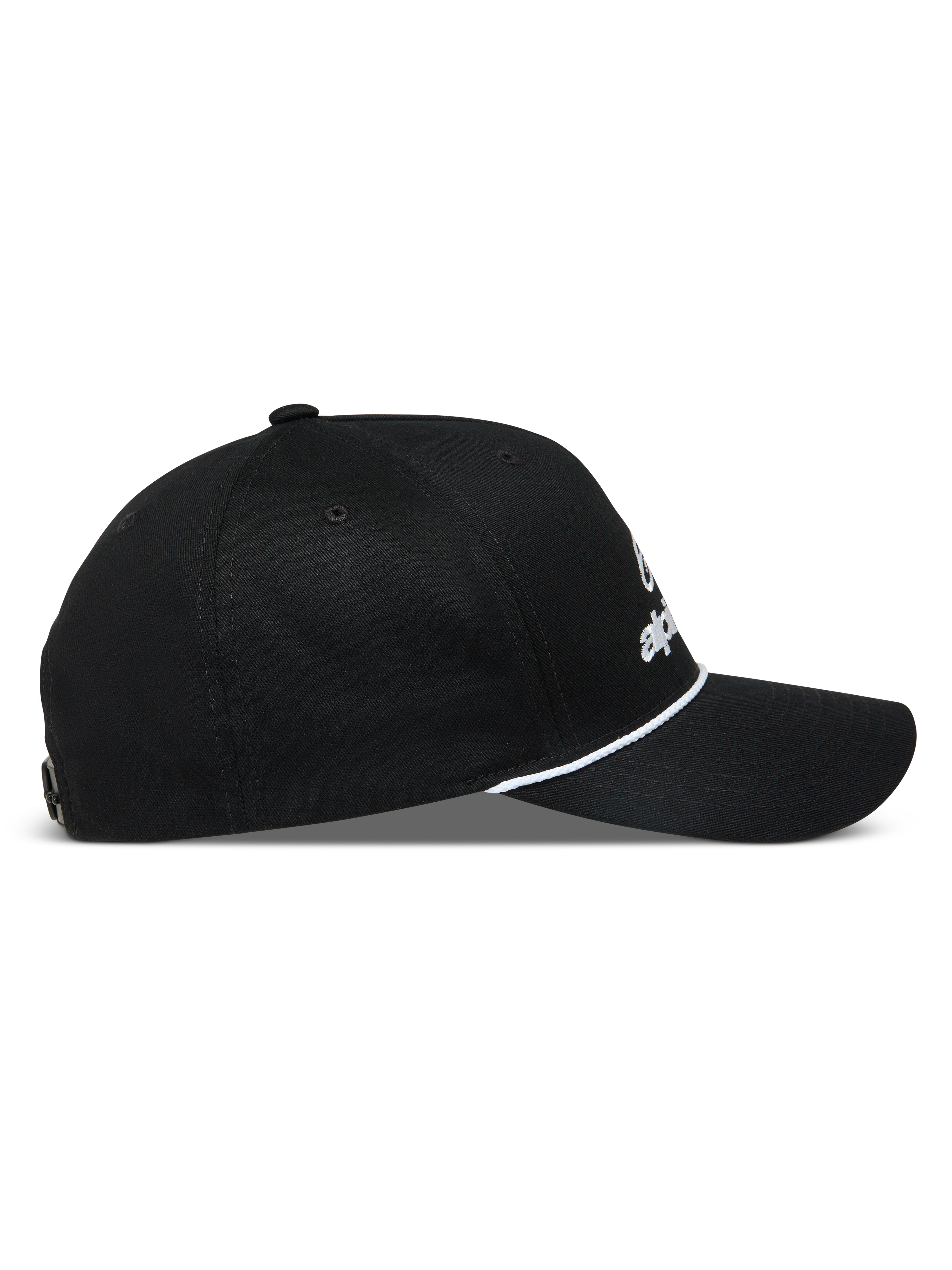 Alpinestars Combo Logo Snapback Kappe, schwarze Baseball-Cap in Seitenansicht mit gebogenem Schirm und weißem Kordel-Detail.