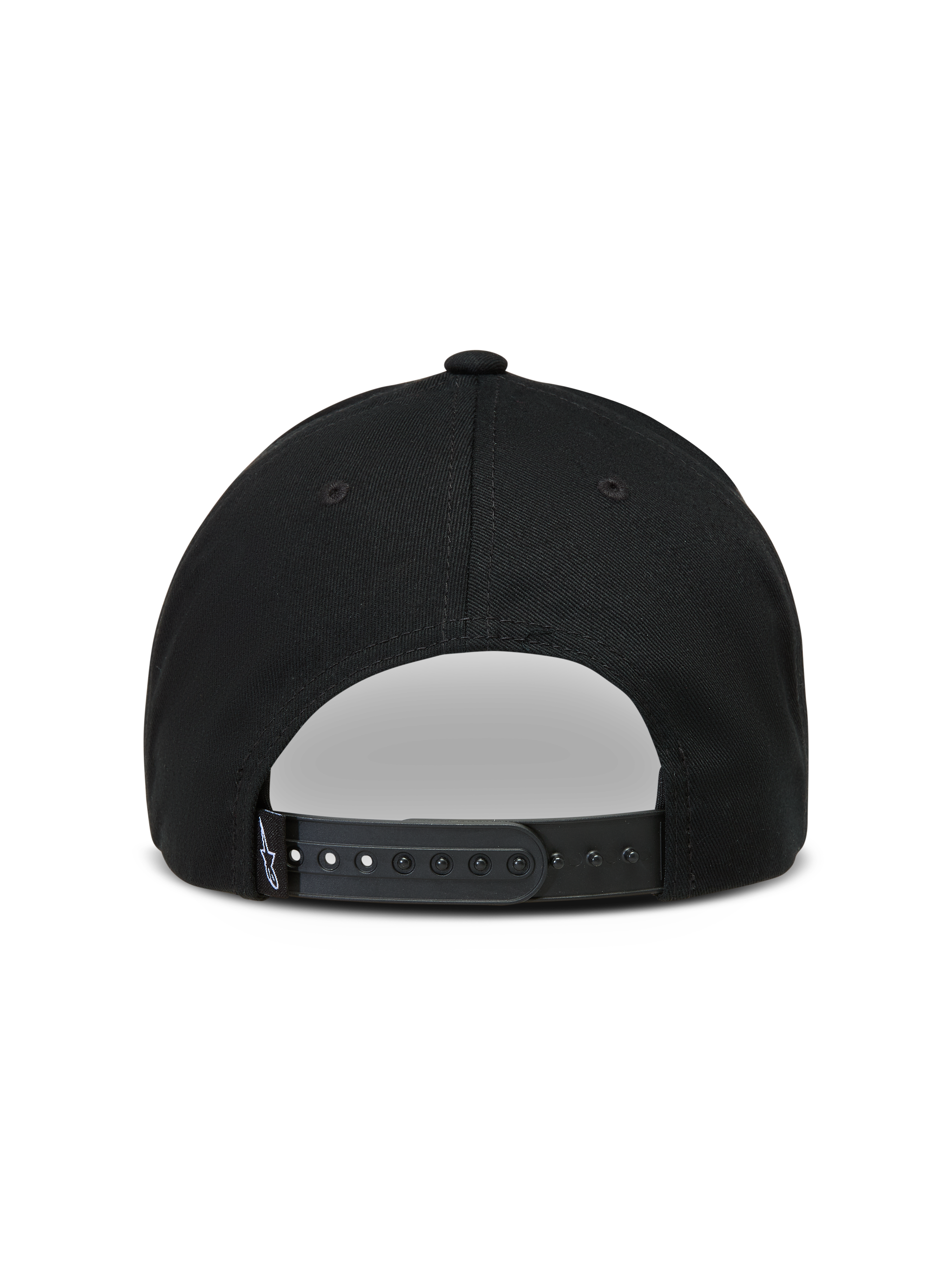 Alpinestars Combo Logo Snapback Kappe, schwarze Sportswear-Kappe, Rückansicht mit Snapback-Verschluss und Logo-Etikett.