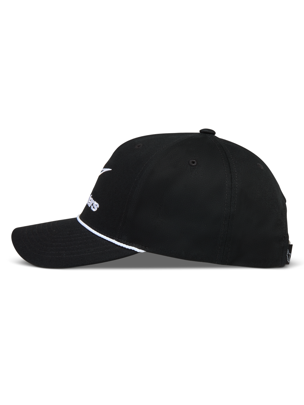 Alpinestars Combo Logo Snapback Kappe, schwarze Sportswear-Kappe, gebogener Schirm, weißes Seildetail, strukturierte Krone.