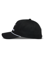 Alpinestars Combo Logo Snapback Kappe, schwarze Sportswear-Kappe, gebogener Schirm, weißes Seildetail, strukturierte Krone.