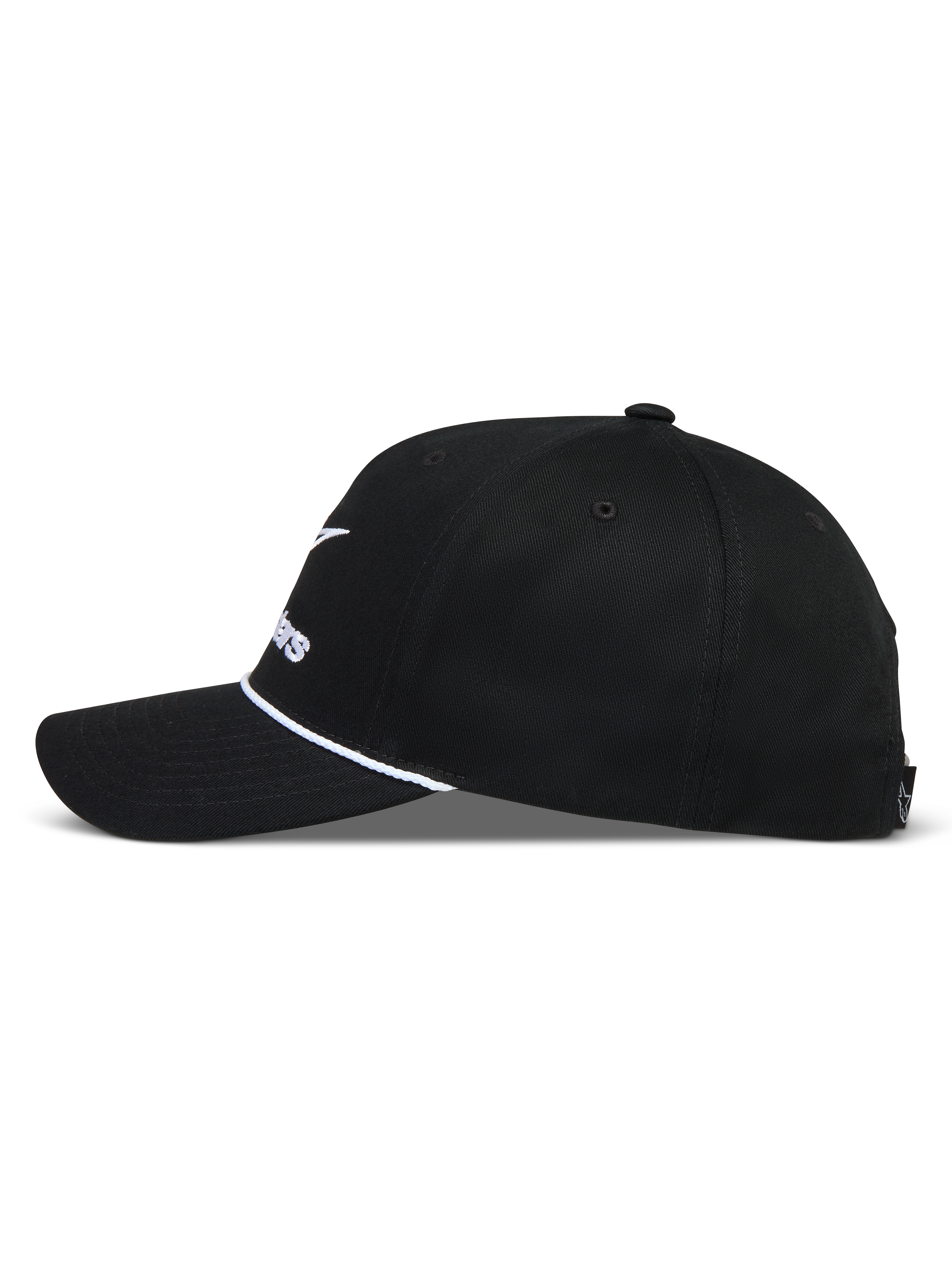 Alpinestars Combo Logo Snapback Kappe, schwarze Sportswear-Kappe, gebogener Schirm, weißes Seildetail, strukturierte Krone.