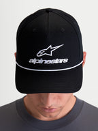 Alpinestars Combo Logo Snapback-Kappe, lässige Sportswear-Kappe, Unisex, Schwarz und Weiß, mit strukturierter Krone, gebogenem Schirm mit weißer Zierkordel und Astars-Logo-Stickerei auf der Vorderseite, hochwertige Baumwoll-Twill-Konstruktion.
