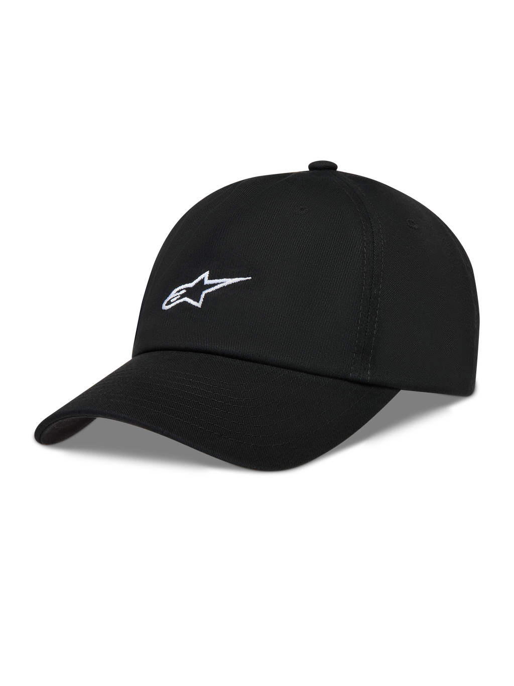 Alpinestars Dylan Dad Hat, Black unstructured twill cap with white Astars logo embroidery and curved bill.