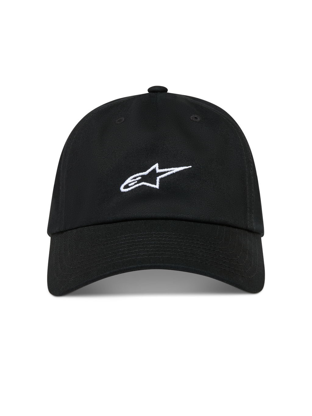 Alpinestars Dylan Dad Hat, Black Sportswear Cap with White Astars Logo, Curved Bill, Unstructured Low Crown, Cotton Twill.