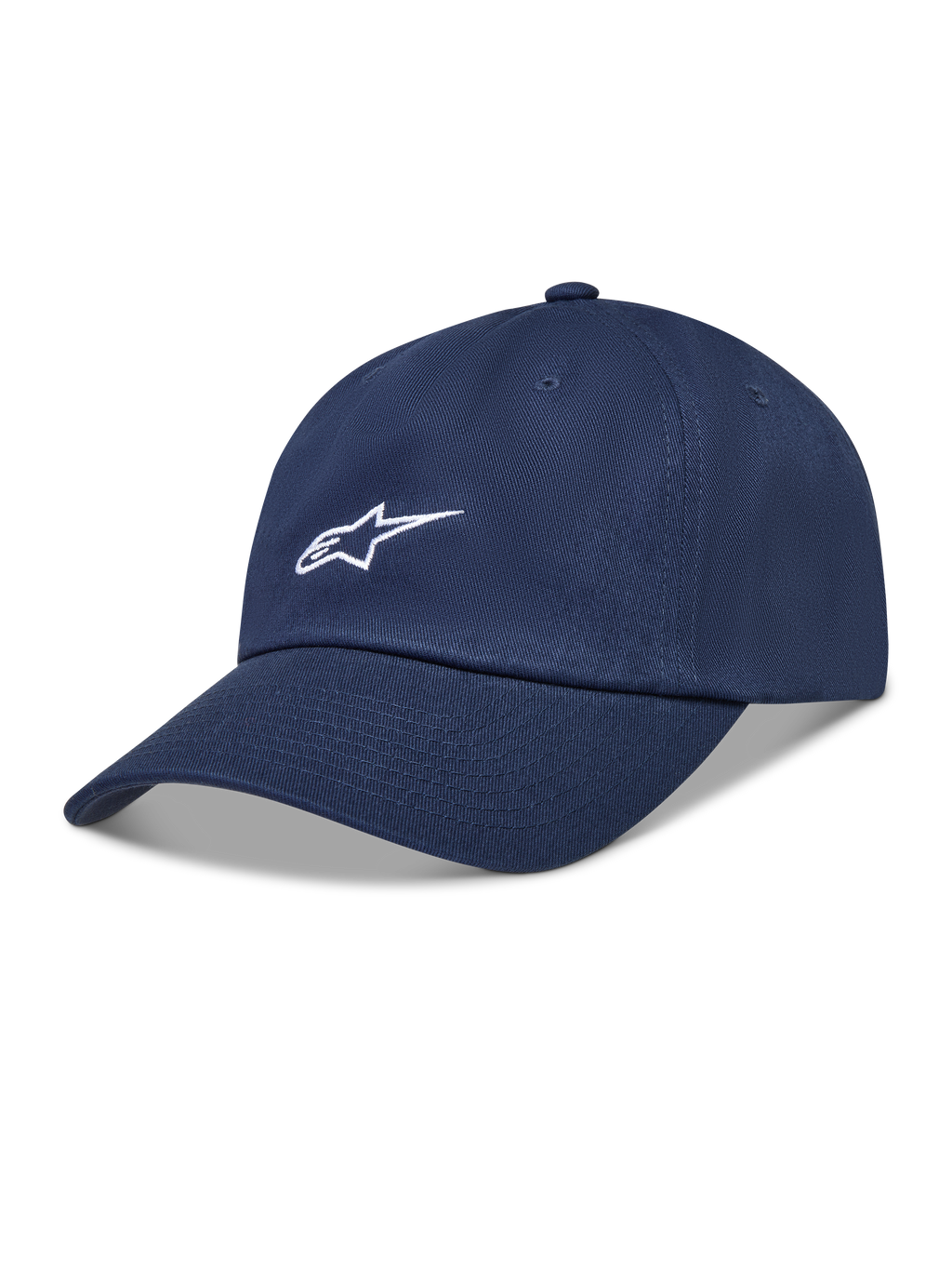 Alpinestars Dylan Dad Kappe, dunkelblaue Sportswear-Kappe aus Twill mit weißem Astars-Logo und gebogenem Schirm.