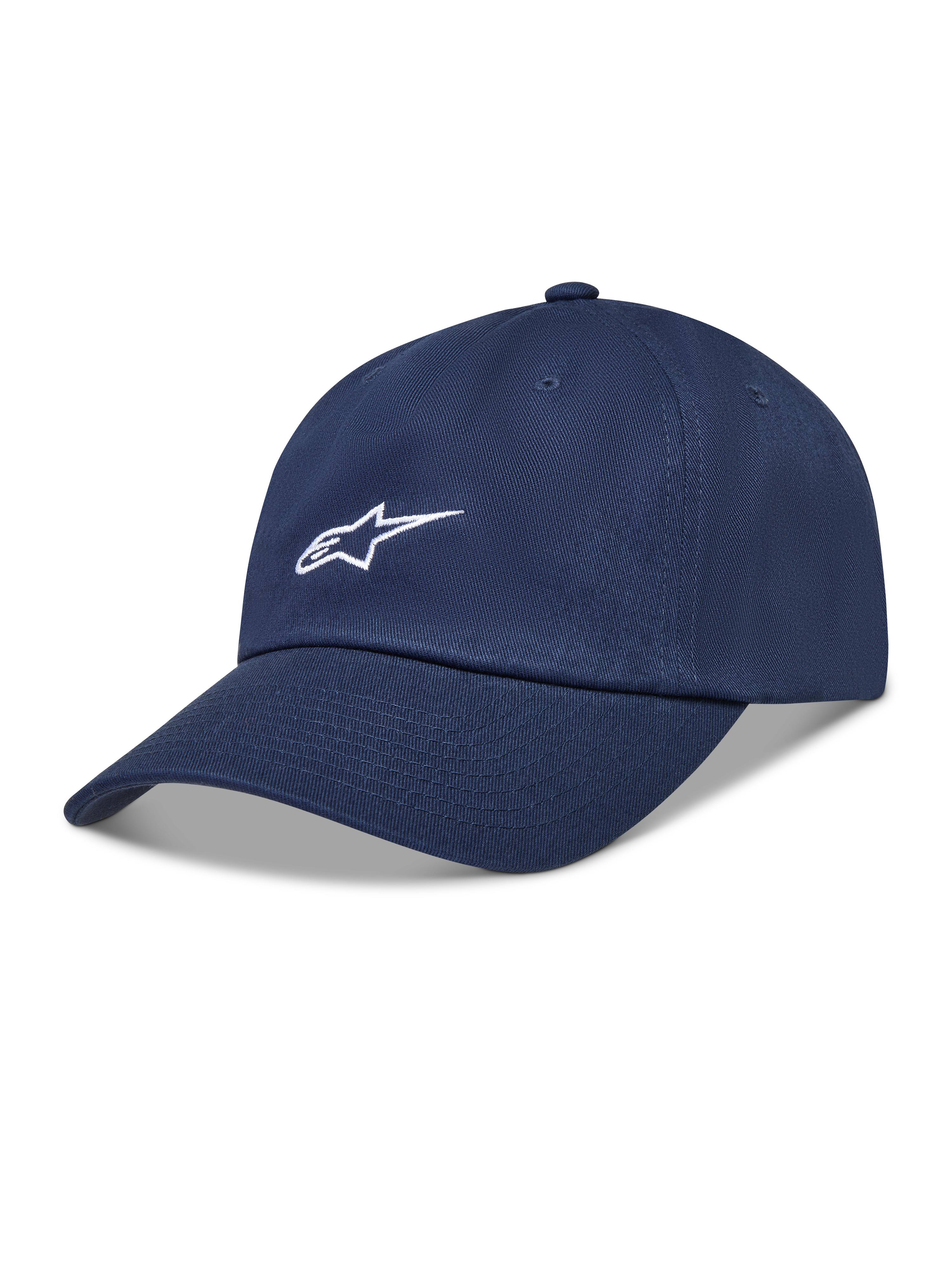 Alpinestars Dylan Dad Kappe, dunkelblaue Sportswear-Kappe aus Twill mit weißem Astars-Logo und gebogenem Schirm.