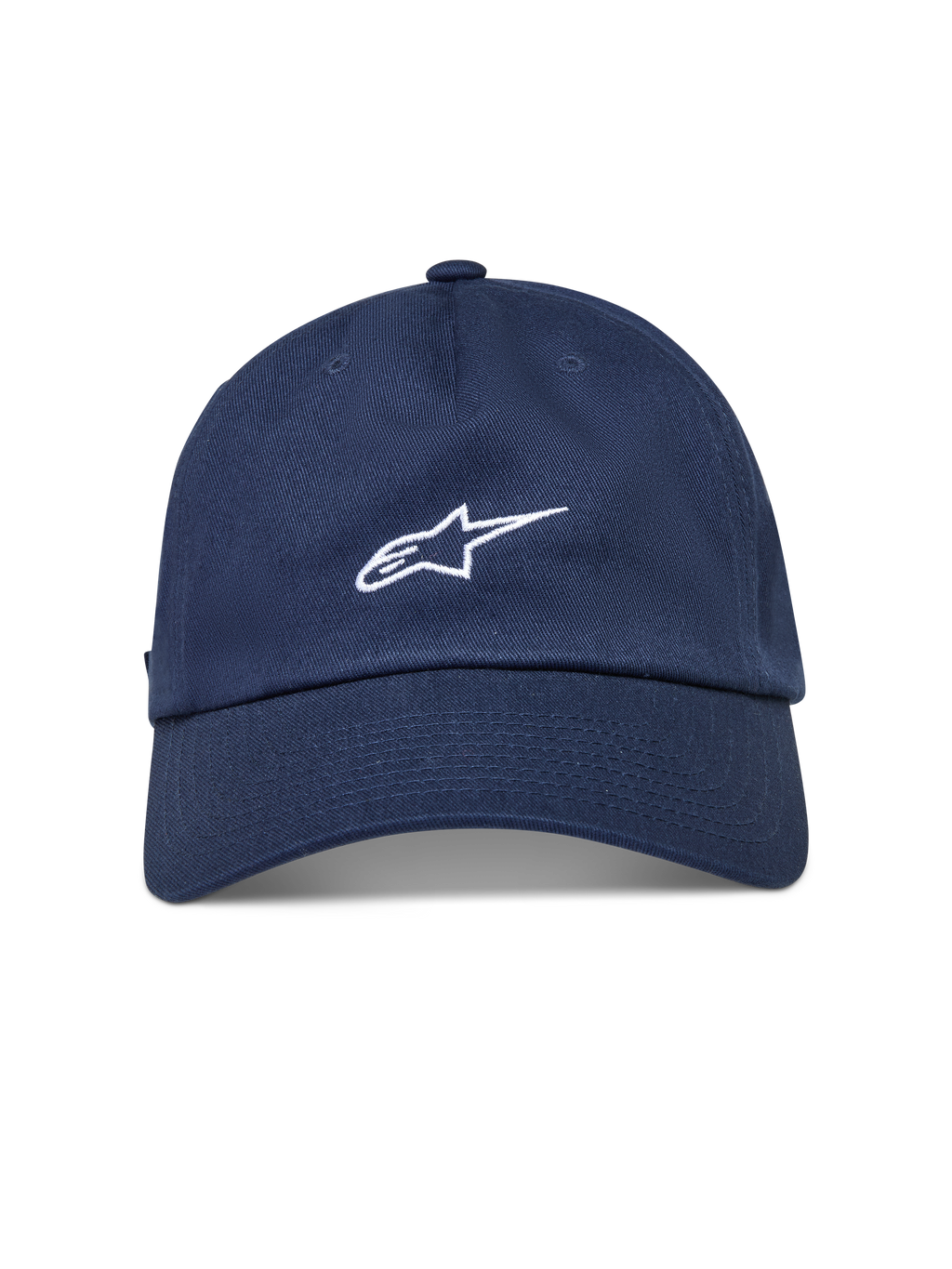 Alpinestars Dylan Dad Kappe, dunkelblaue Sportswear-Kappe mit gebogenem Schirm und weiß gesticktem Astars-Logo.