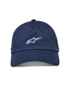 Alpinestars Dylan Dad Kappe, dunkelblaue Sportswear-Kappe mit gebogenem Schirm und weiß gesticktem Astars-Logo.