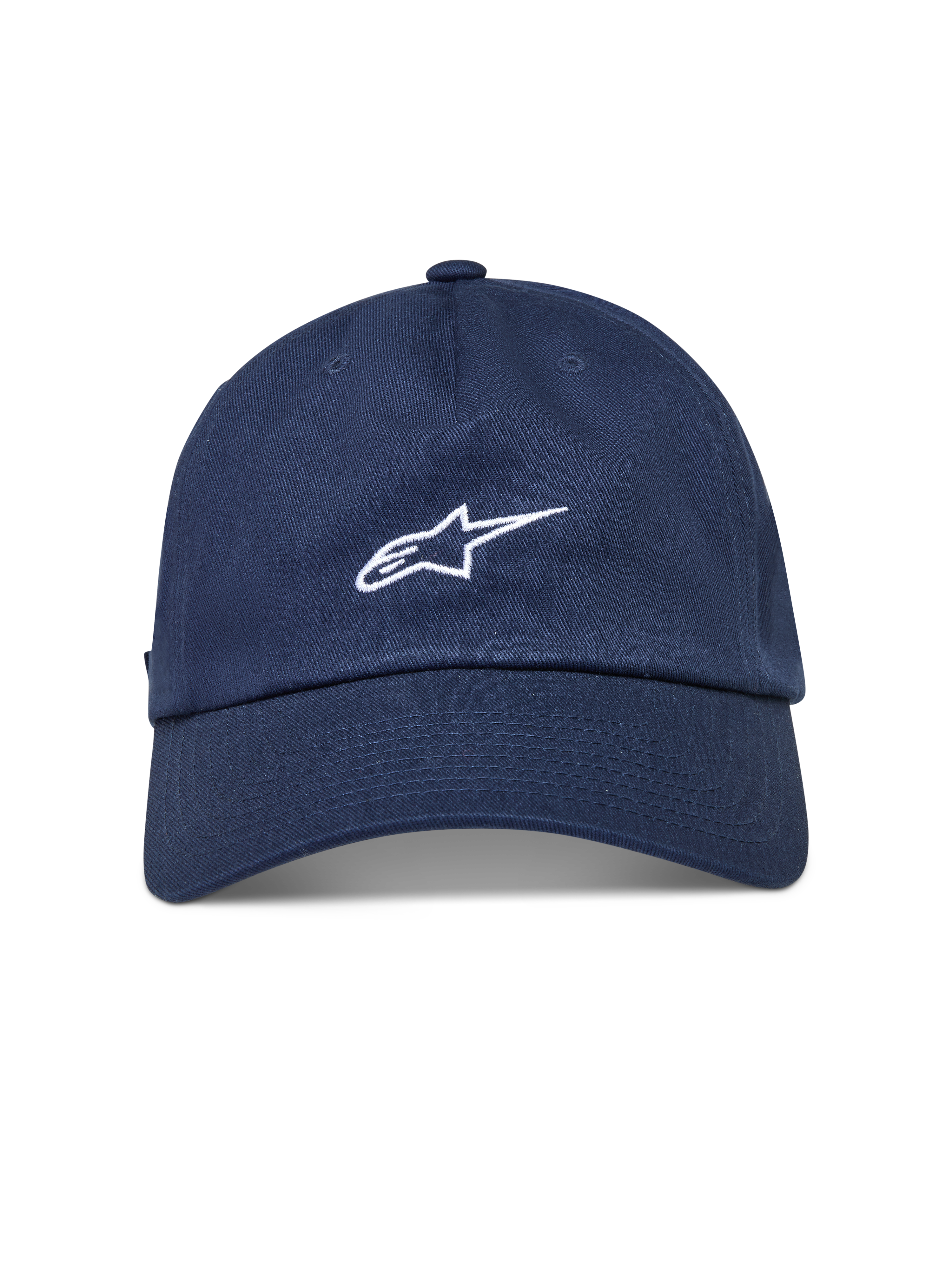 Alpinestars Dylan Dad Kappe, dunkelblaue Sportswear-Kappe mit gebogenem Schirm und weiß gesticktem Astars-Logo.