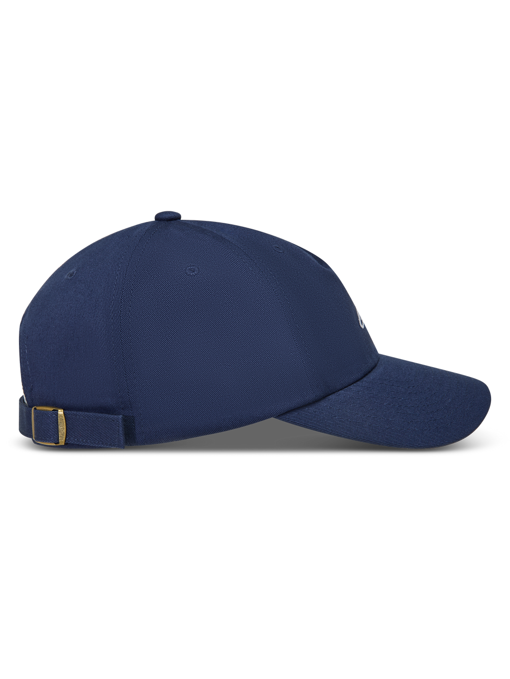 Alpinestars Dylan Dad Kappe, marineblaue Sportswear-Kappe aus Twill mit gebogenem Schirm und Riemenverschluss, Seitenansicht.