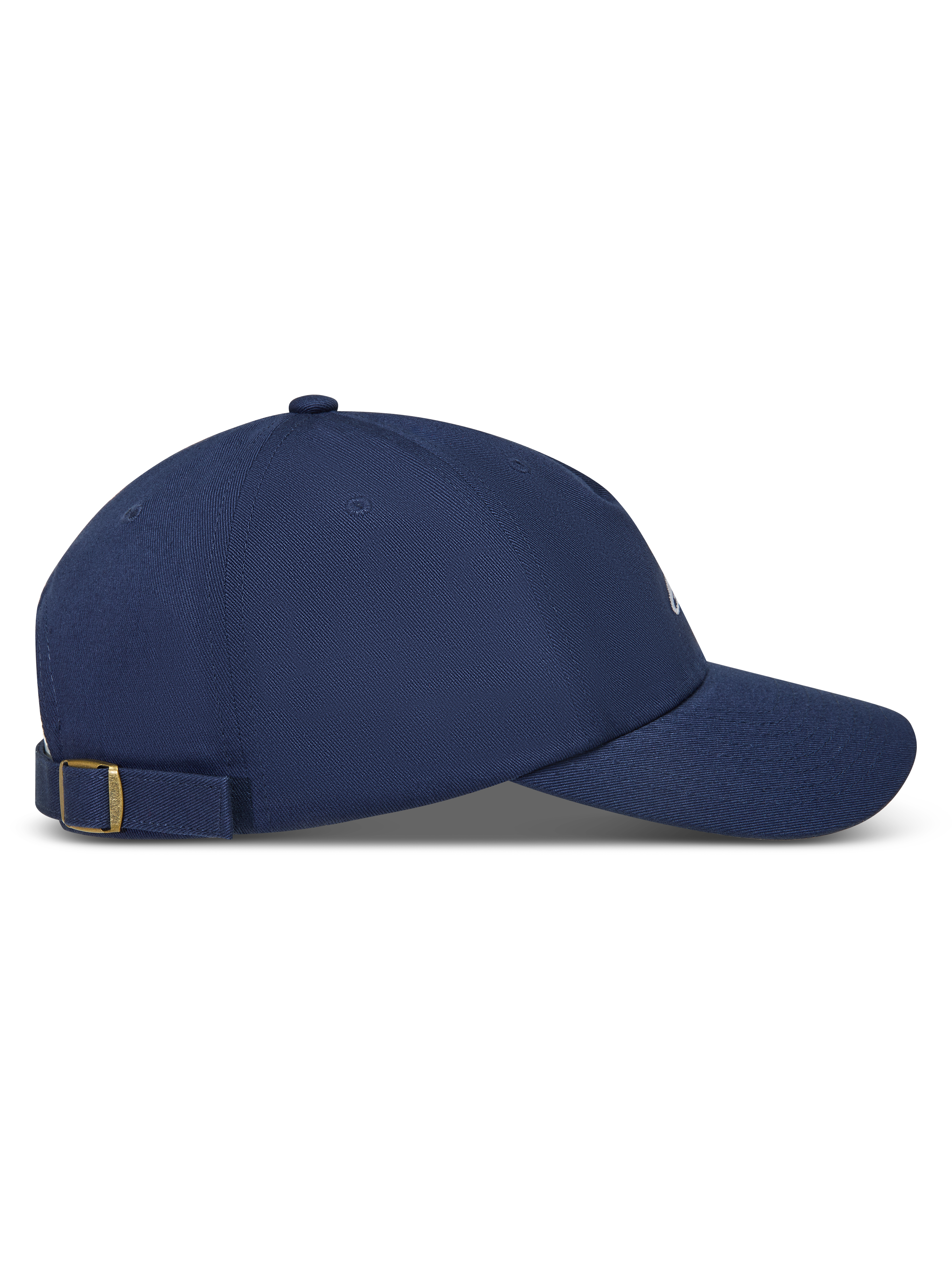 Alpinestars Dylan Dad Kappe, marineblaue Sportswear-Kappe aus Twill mit gebogenem Schirm und Riemenverschluss, Seitenansicht.