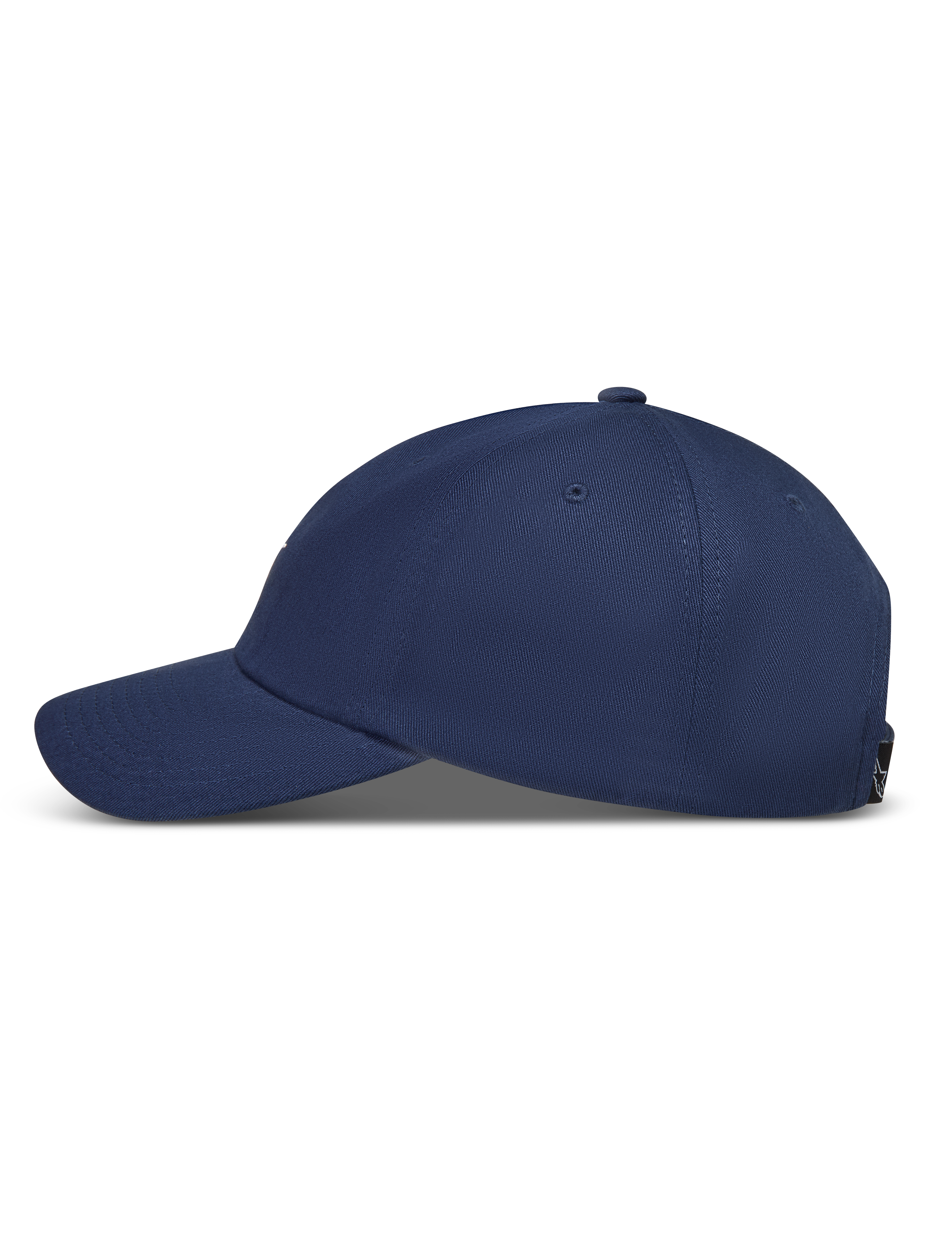 Alpinestars Dylan Dad Kappe, dunkelblaue Sportswear-Kappe aus Twill mit gebogenem Schirm, Seitenansicht.
