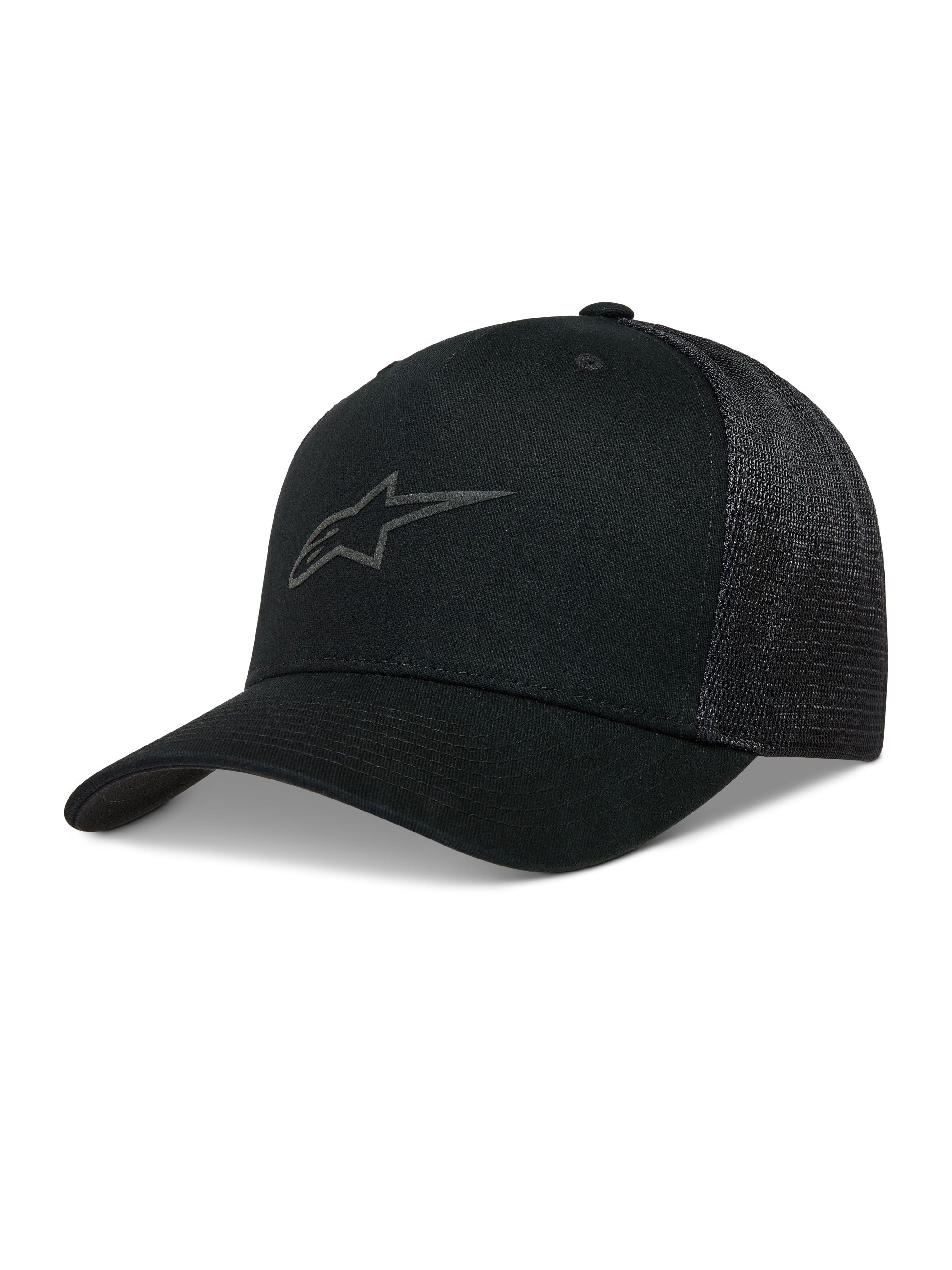 Alpinestars Augment Trucker-Mütze, schwarze Sportswear-Kappe mit gebogenem Schirm, Twill-Vorderseite, Diamond-Mesh-Rückseite und Puff-Druck-Logo.
