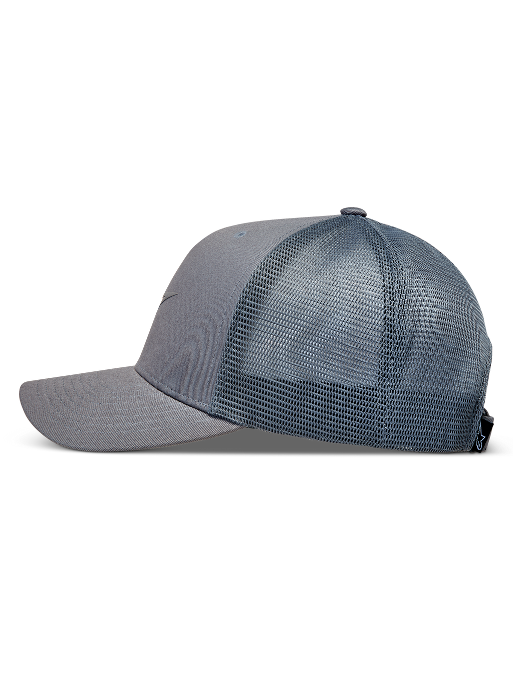 Alpinestars Augment Trucker Hat, grey sportswear cap with a twill front, breathable mesh back, and curved bill.