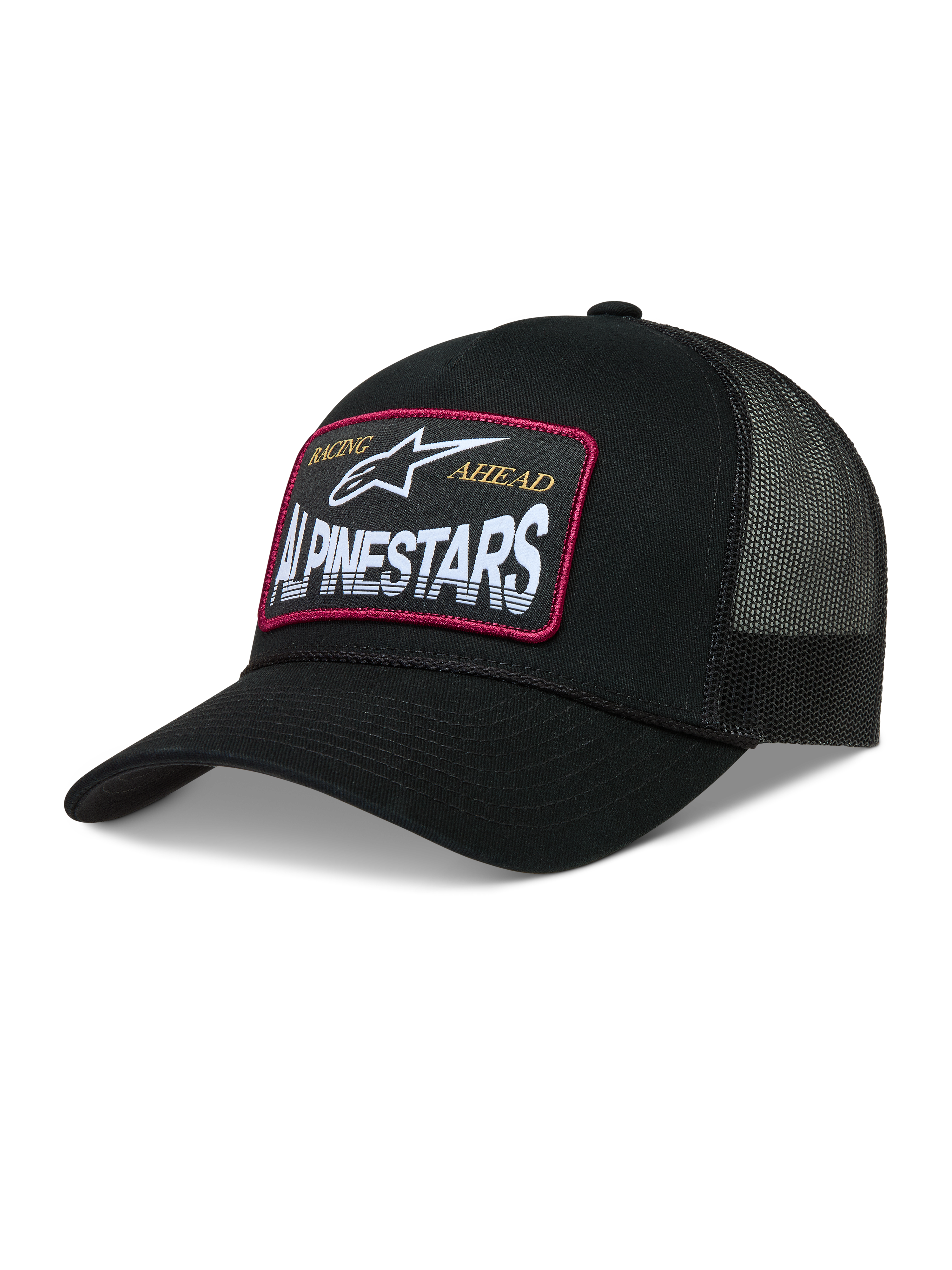 Alpinestars Hemmings Trucker-Mütze, schwarze Mesh-Kappe mit gewebtem Logo-Patch, rotem Rand und Twill-Front.