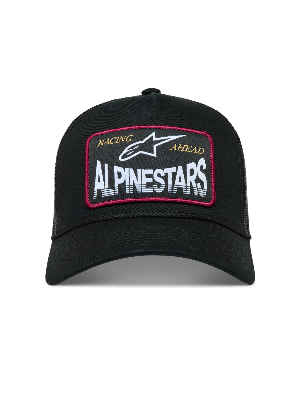 Alpinestars Hemmings Trucker-Mütze, schwarze Sportswear-Kappe mit weißem Logo-Patch, roten Details und Mesh-Rückseite.