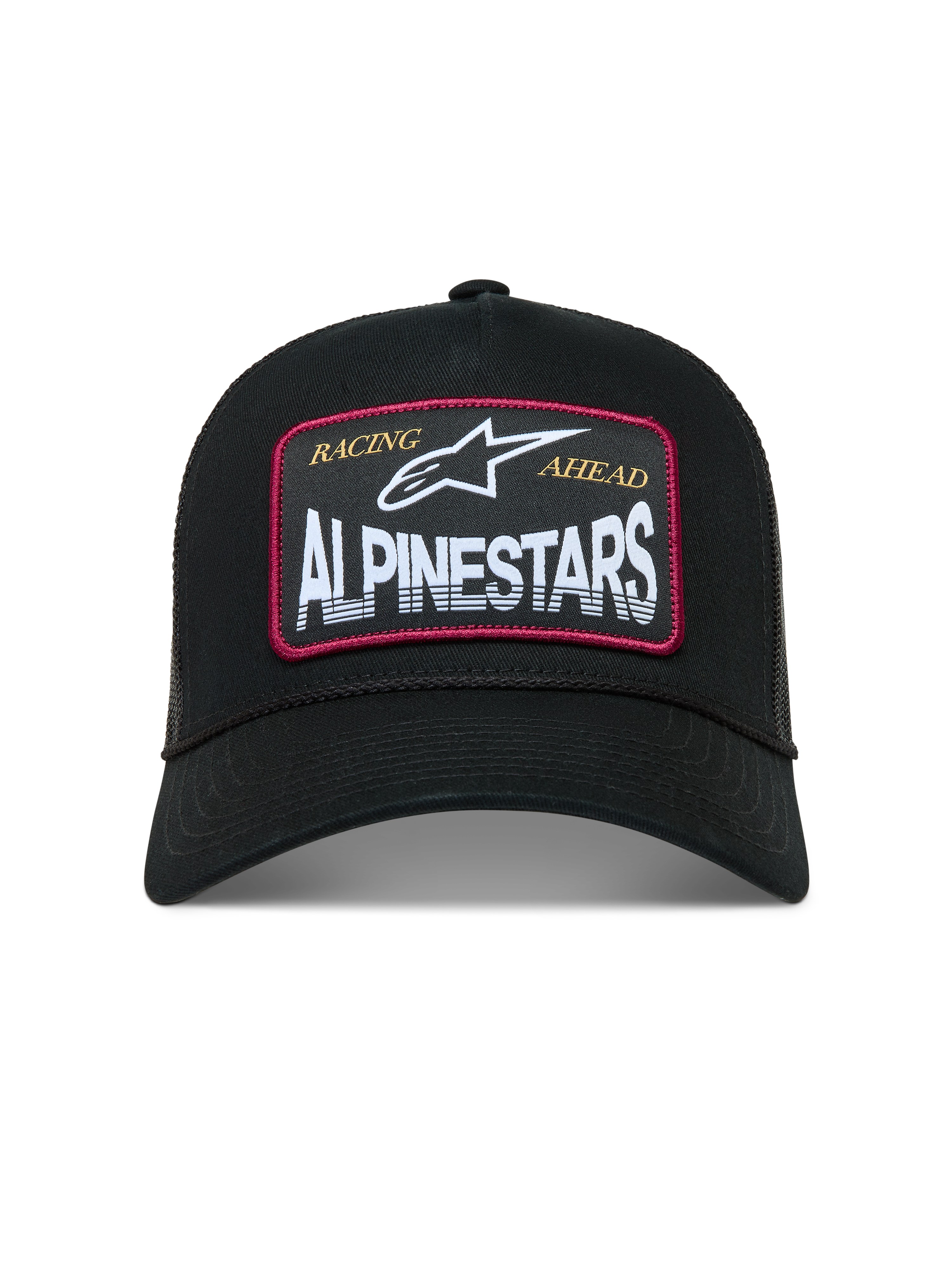 Alpinestars Hemmings Trucker-Mütze, schwarze Sportswear-Kappe mit weißem Logo-Patch, roten Details und Mesh-Rückseite.
