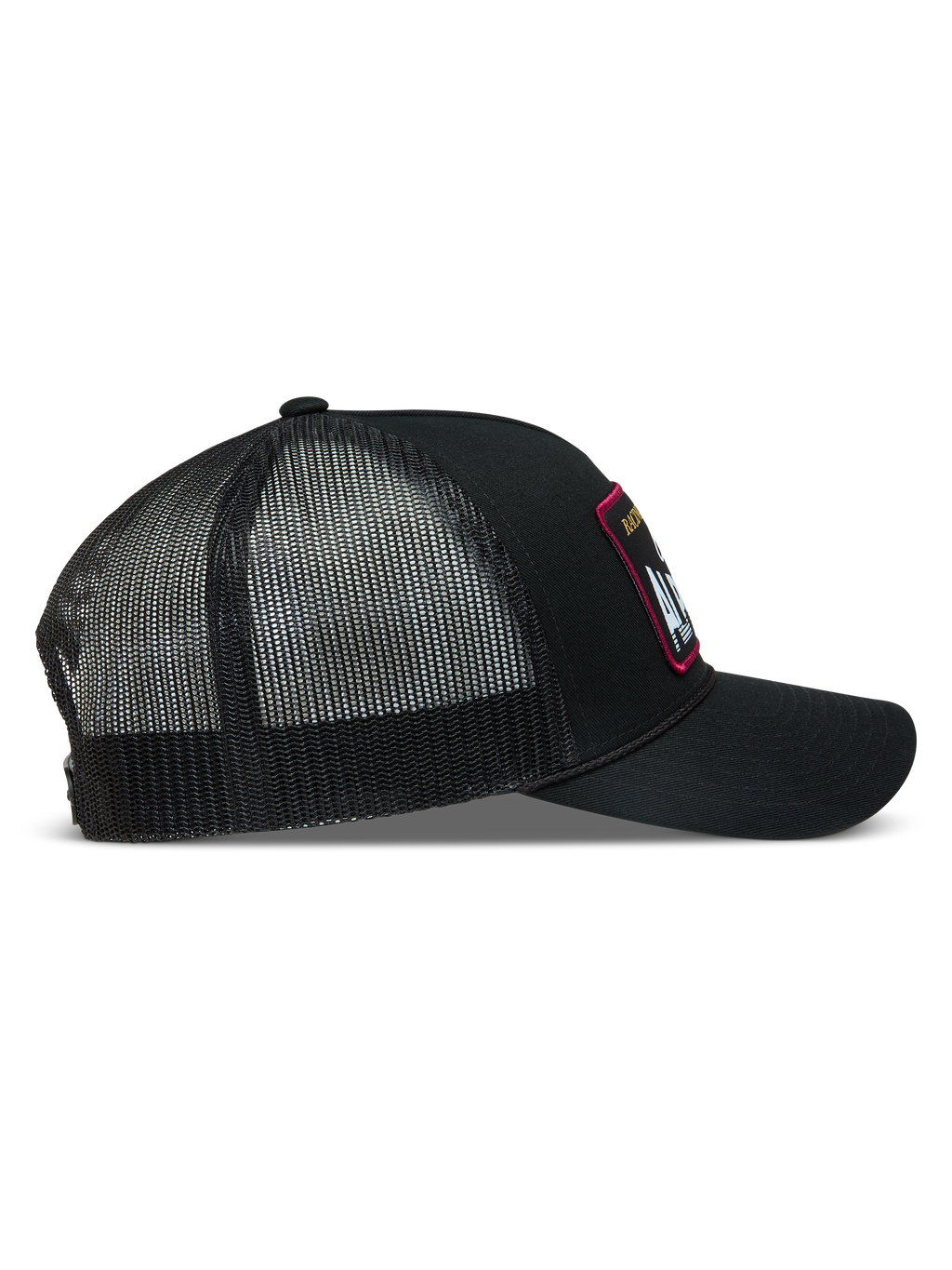 Alpinestars Hemmings Trucker-Mütze in Schwarz, Seitenansicht mit Twill-Front und atmungsaktiver Mesh-Rückseite.