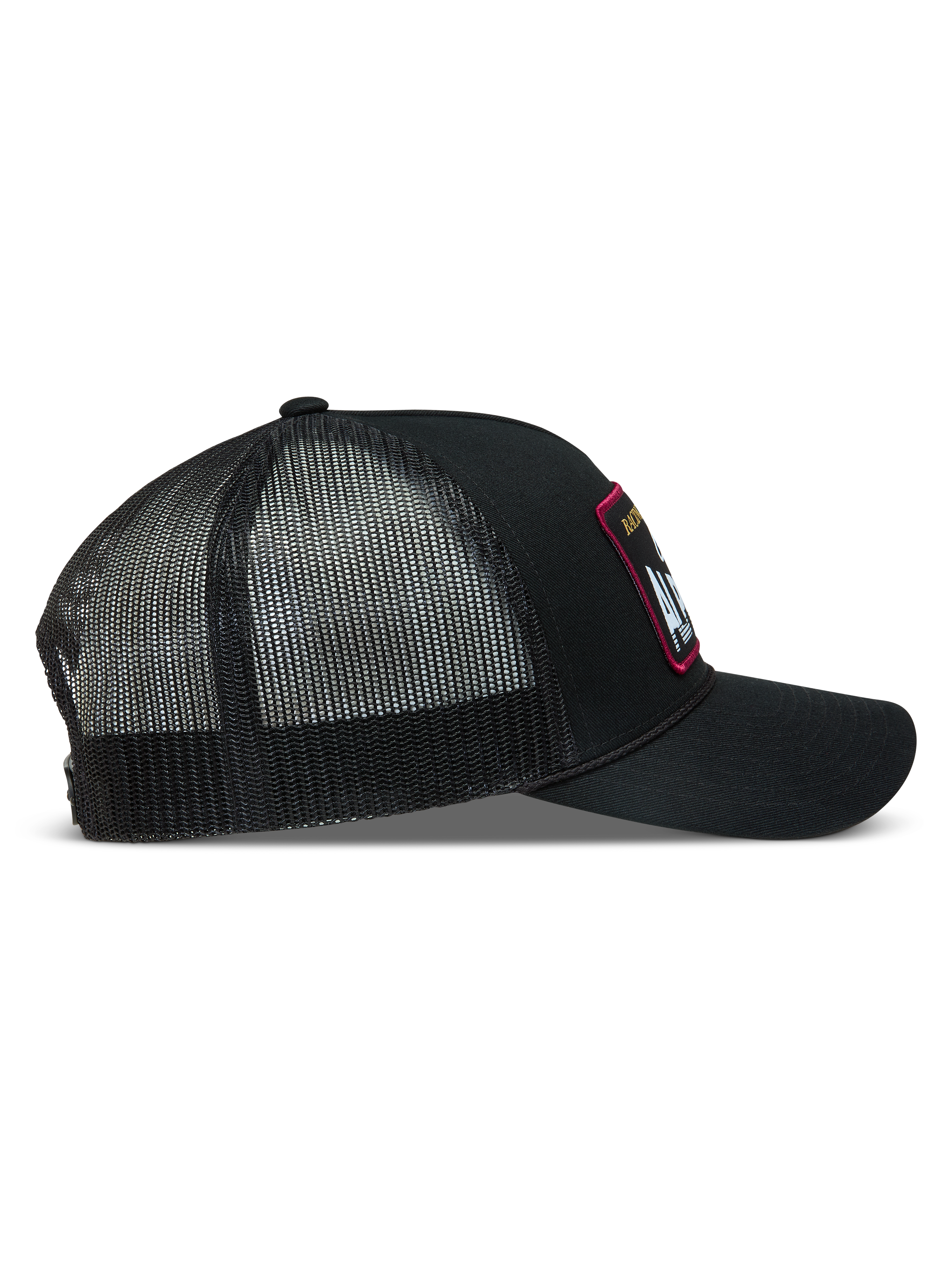 Alpinestars Hemmings Trucker-Mütze in Schwarz, Seitenansicht mit Twill-Front und atmungsaktiver Mesh-Rückseite.