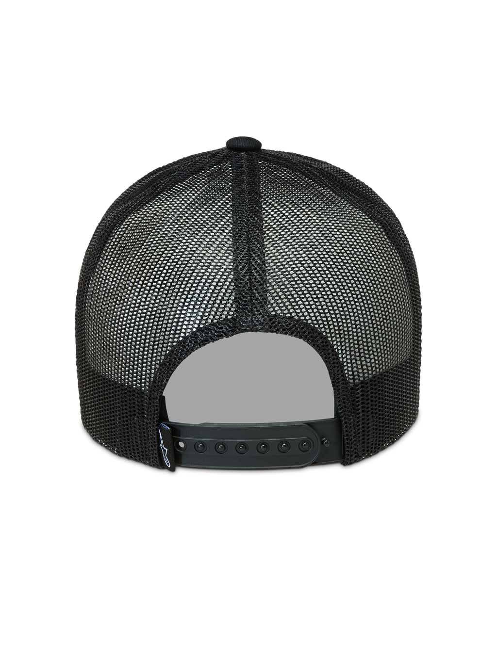 Alpinestars Hemmings Trucker-Mütze, schwarze Sportswear-Kappe in der Rückansicht mit atmungsaktiven Poly-Mesh-Einsätzen und verstellbarem Snapback-Verschluss.
