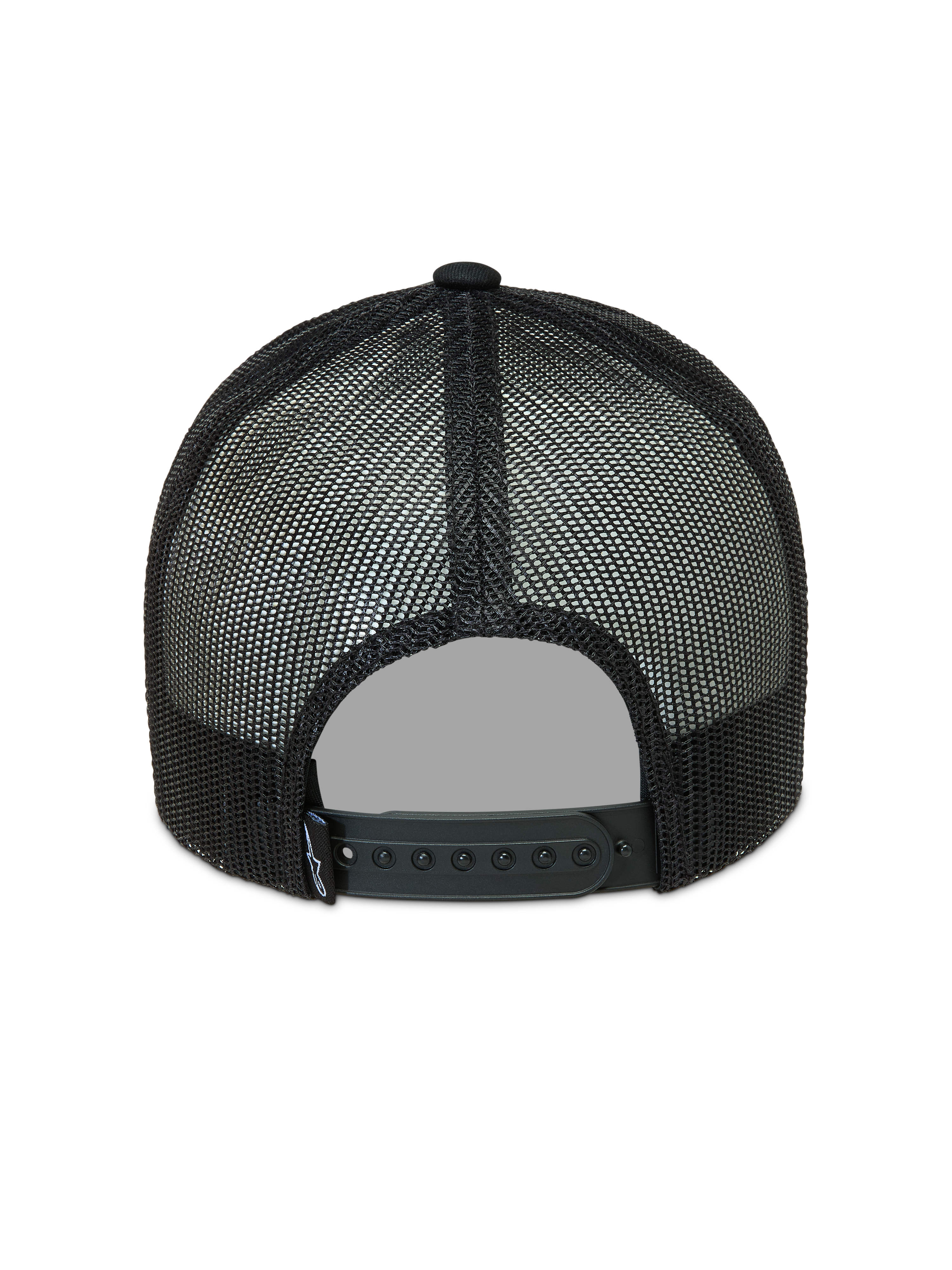 Alpinestars Hemmings Trucker-Mütze, schwarze Sportswear-Kappe in der Rückansicht mit atmungsaktiven Poly-Mesh-Einsätzen und verstellbarem Snapback-Verschluss.