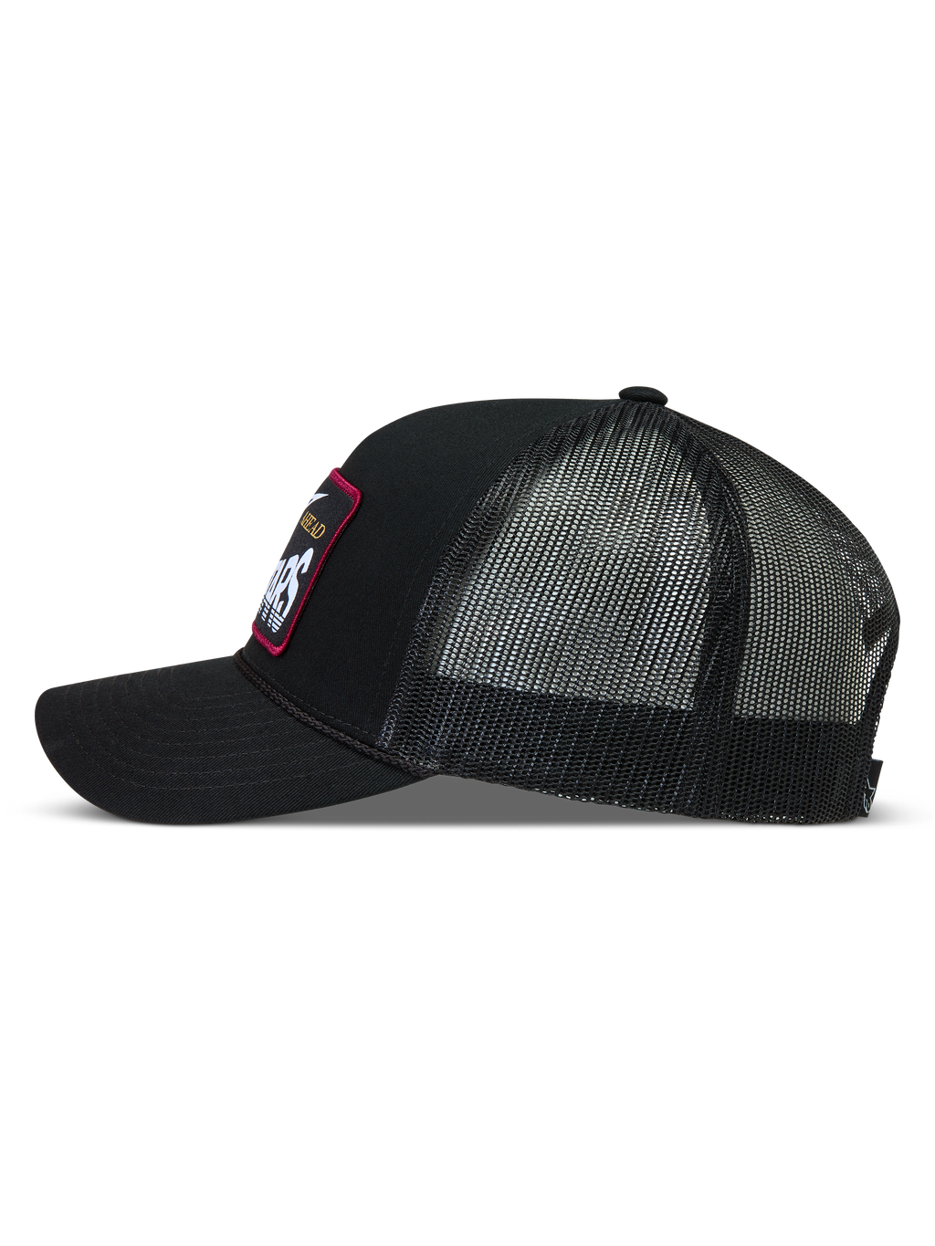 Alpinestars Hemmings Trucker-Mütze, schwarze Sportswear-Kappe aus Twill und Mesh mit gewebtem Logo-Patch, Seitenprofil