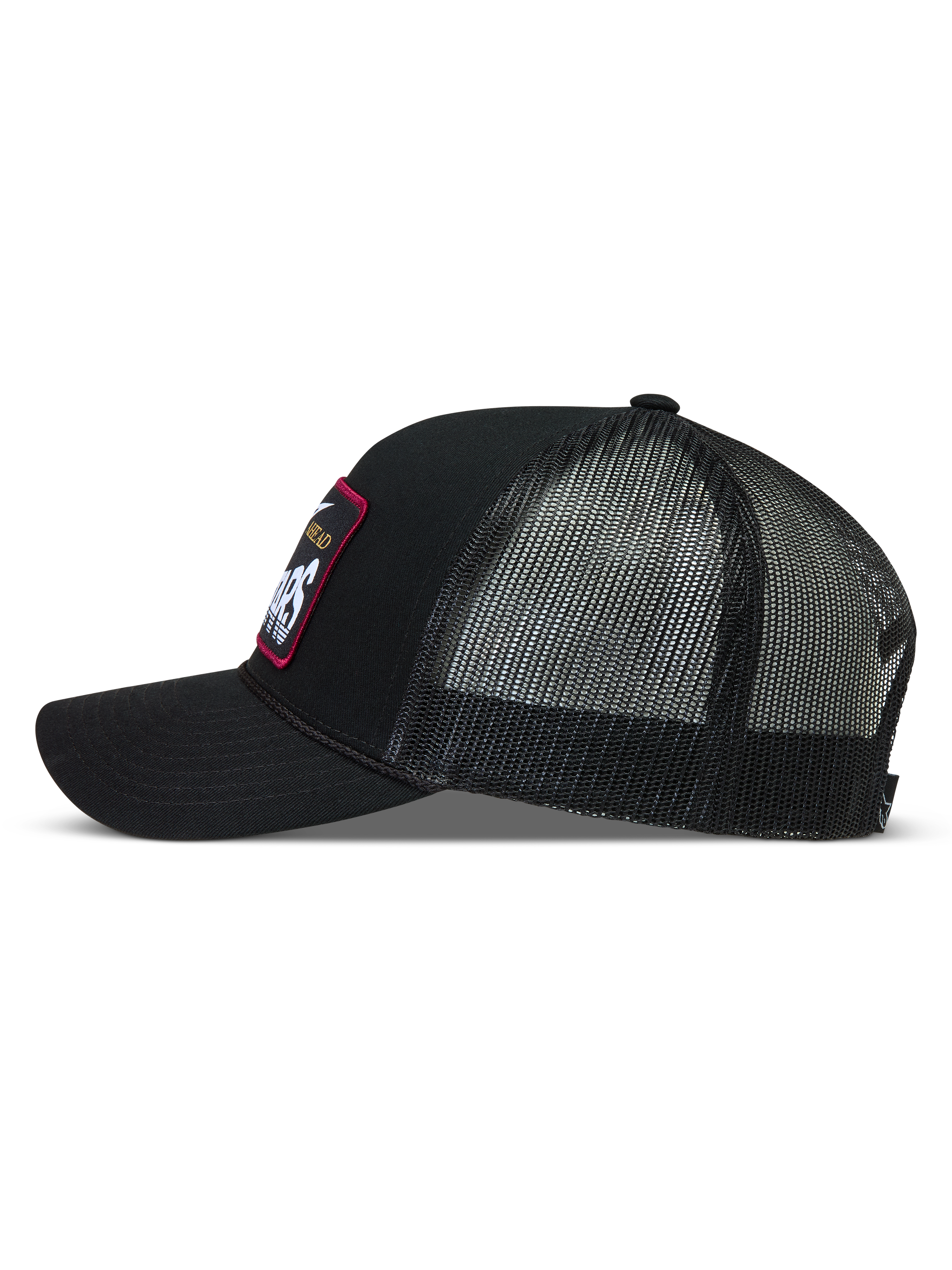Alpinestars Hemmings Trucker-Mütze, schwarze Sportswear-Kappe aus Twill und Mesh mit gewebtem Logo-Patch, Seitenprofil