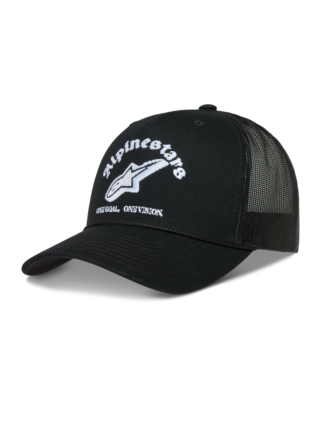 Alpinestars Baron Trucker Hat, black sportswear cap with white embroidered logo, curved bill, and breathable mesh back.