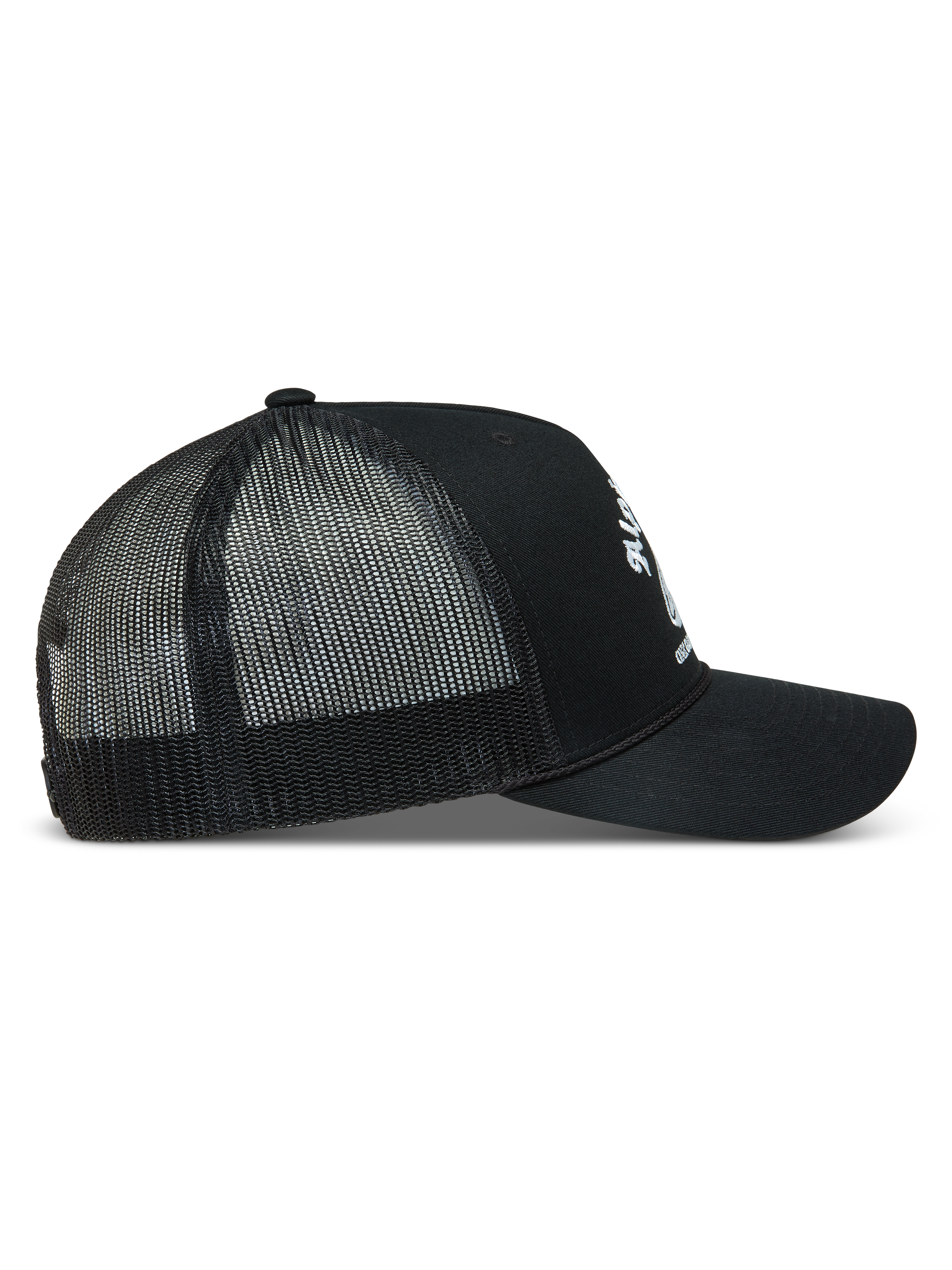 Alpinestars Baron Trucker Hat, Black Sportswear Snapback Cap, side view with white logo, curved bill, and poly mesh back.