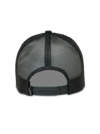 Alpinestars Baron Trucker Hat in black, featuring a breathable poly mesh back and adjustable snapback closure.
