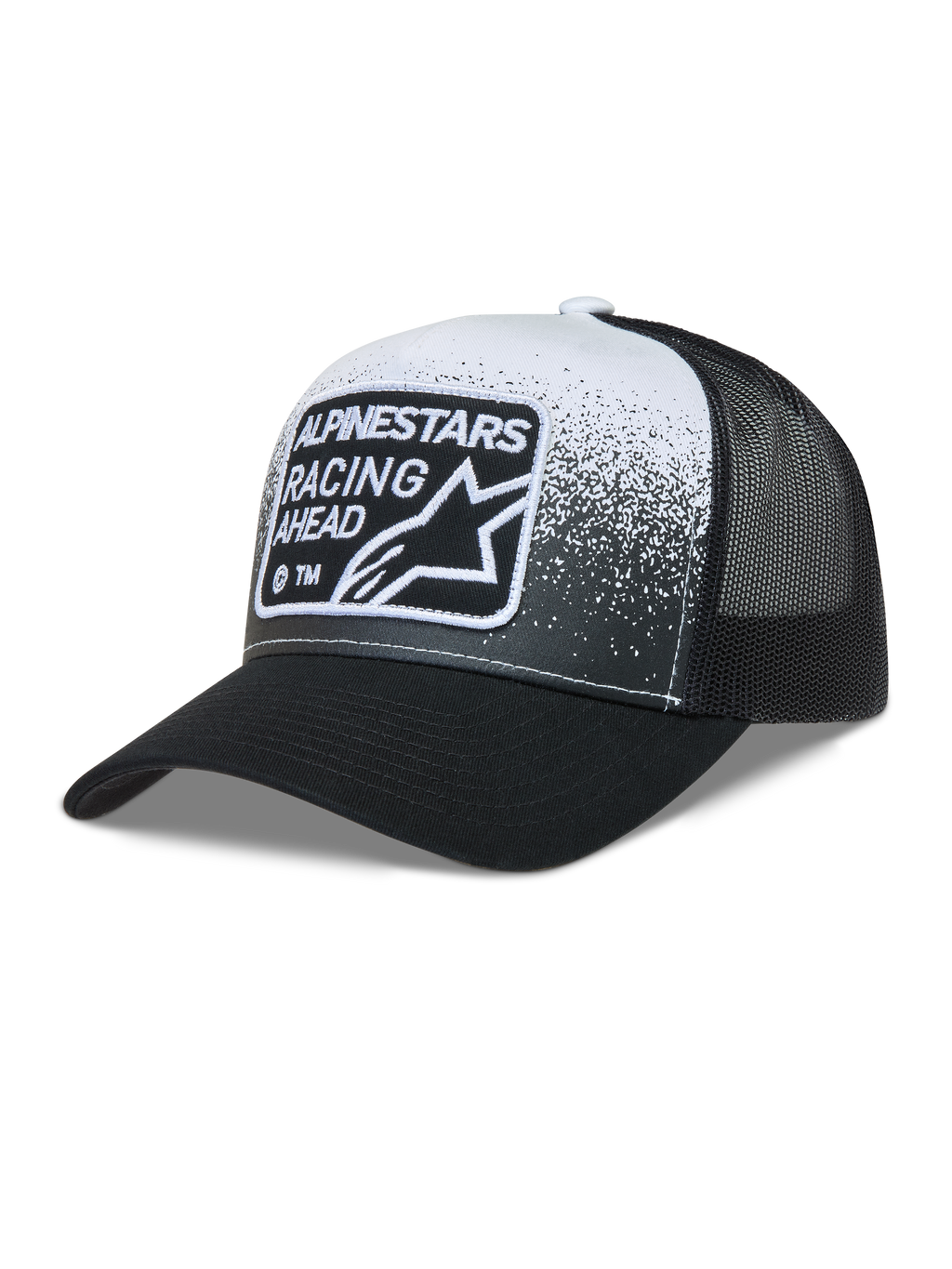 Alpinestars Gravel Trucker-Mütze, Mesh-Kappe in Schwarz und Weiß mit gebogenem Schirm und Racing Ahead Patch.