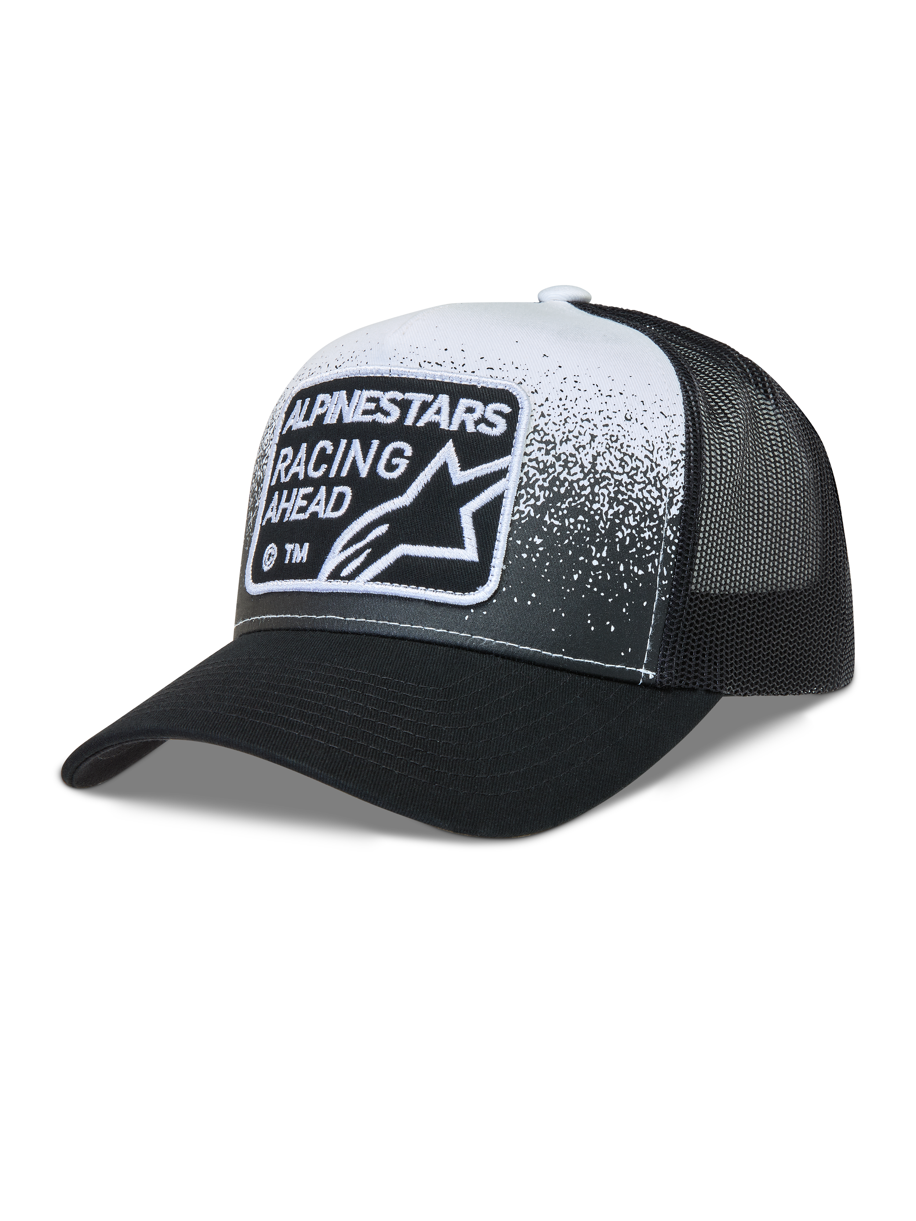Alpinestars Gravel Trucker-Mütze, Mesh-Kappe in Schwarz und Weiß mit gebogenem Schirm und Racing Ahead Patch.