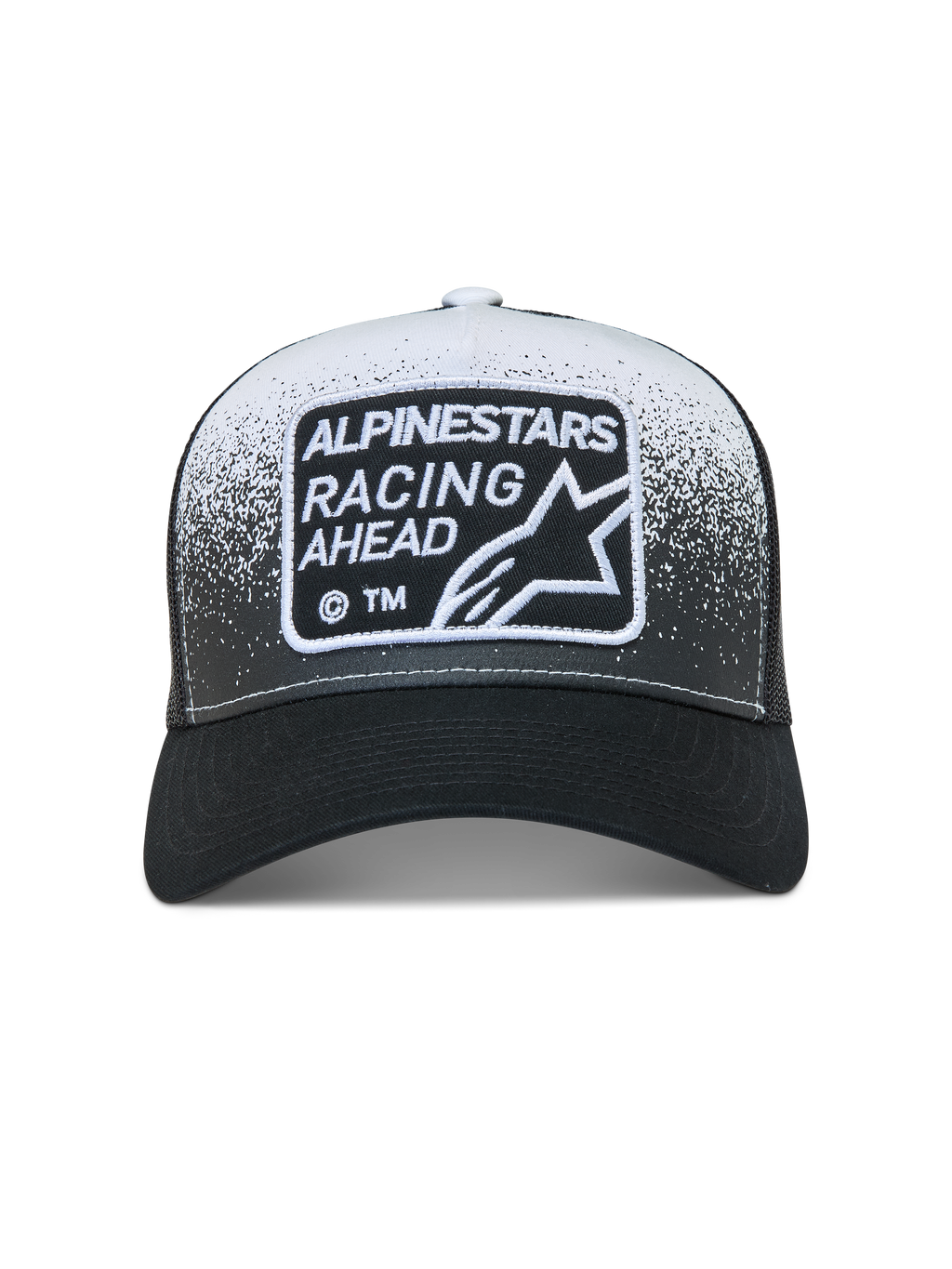 Alpinestars Gravel Trucker-Mütze, Sportswear-Kappe in Schwarz und Weiß mit Mesh-Rückseite und Kieselstruktur-Druck.