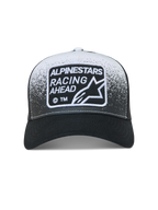 Alpinestars Gravel Trucker-Mütze, Sportswear-Kappe in Schwarz und Weiß mit Mesh-Rückseite und Kieselstruktur-Druck.