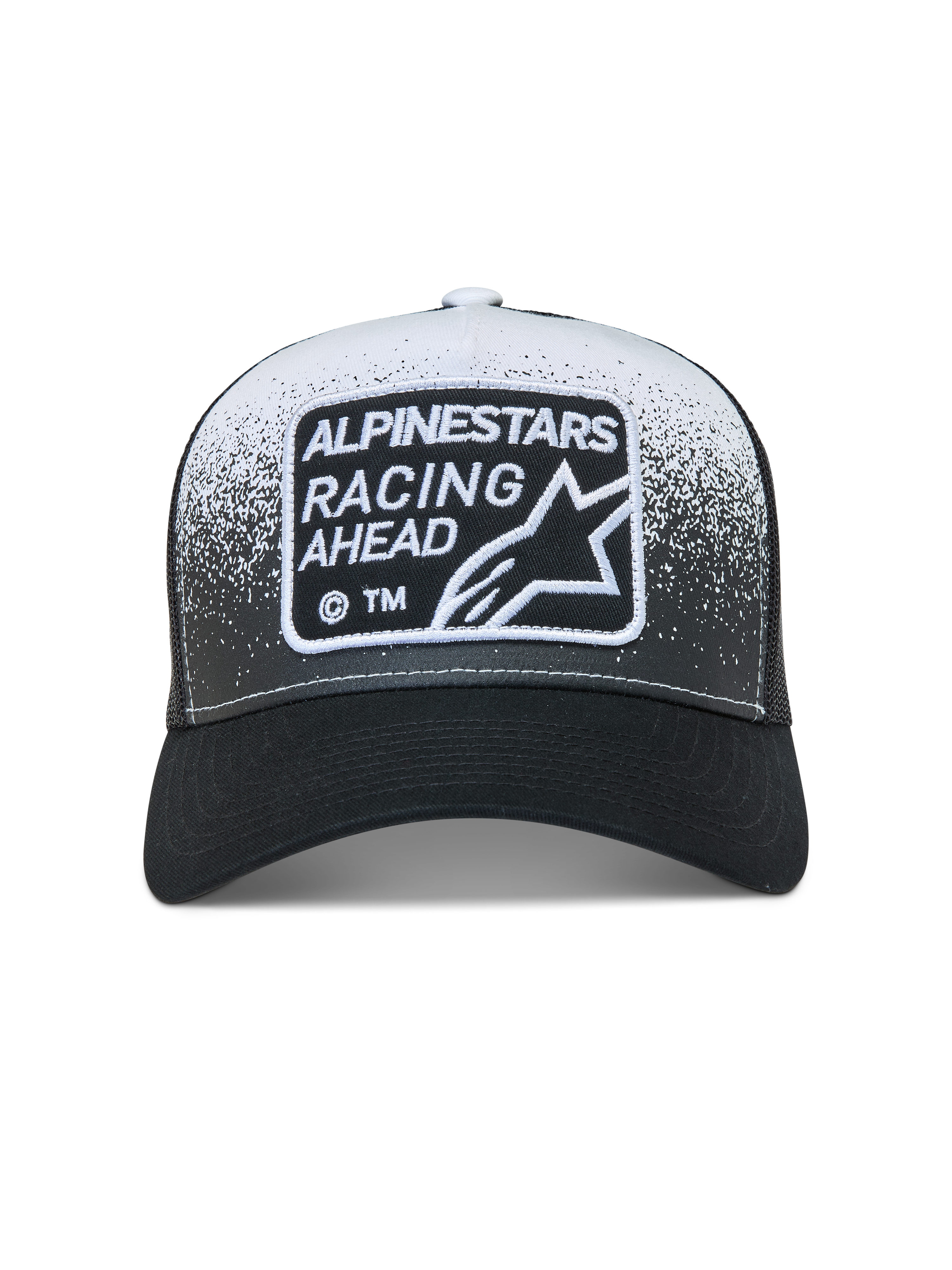 Alpinestars Gravel Trucker-Mütze, Sportswear-Kappe in Schwarz und Weiß mit Mesh-Rückseite und Kieselstruktur-Druck.