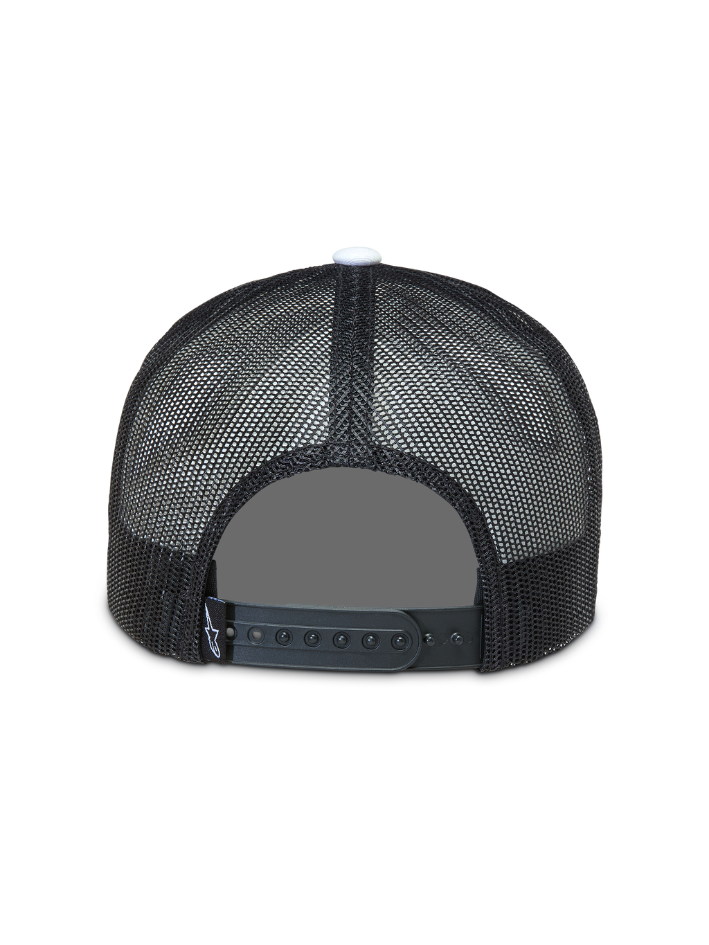 Alpinestars Gravel Trucker-Mütze, schwarze Sportswear-Kappe, Rückansicht mit atmungsaktivem Mesh und Snapback-Verschluss.