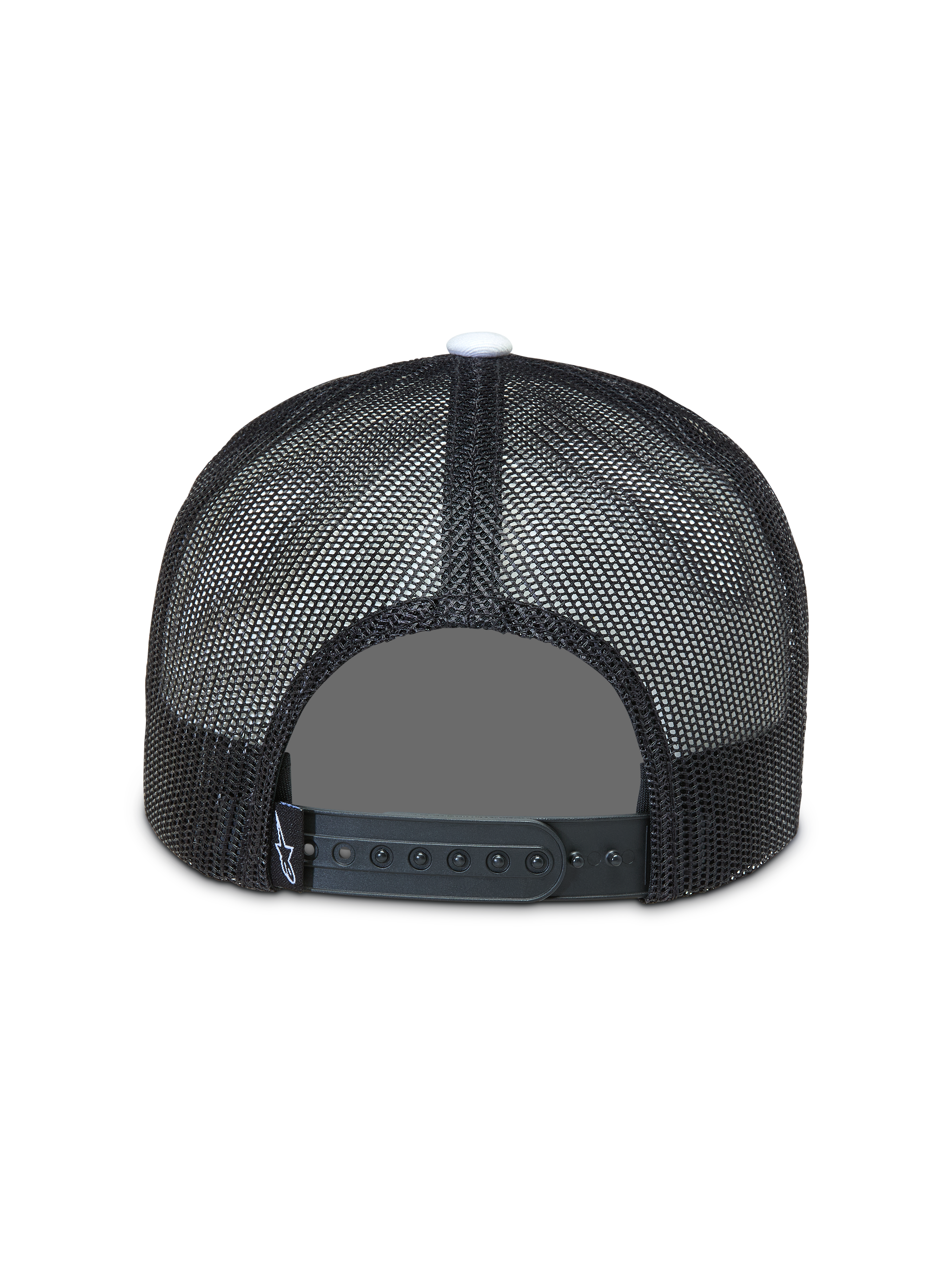 Alpinestars Gravel Trucker-Mütze, schwarze Sportswear-Kappe, Rückansicht mit atmungsaktivem Mesh und Snapback-Verschluss.