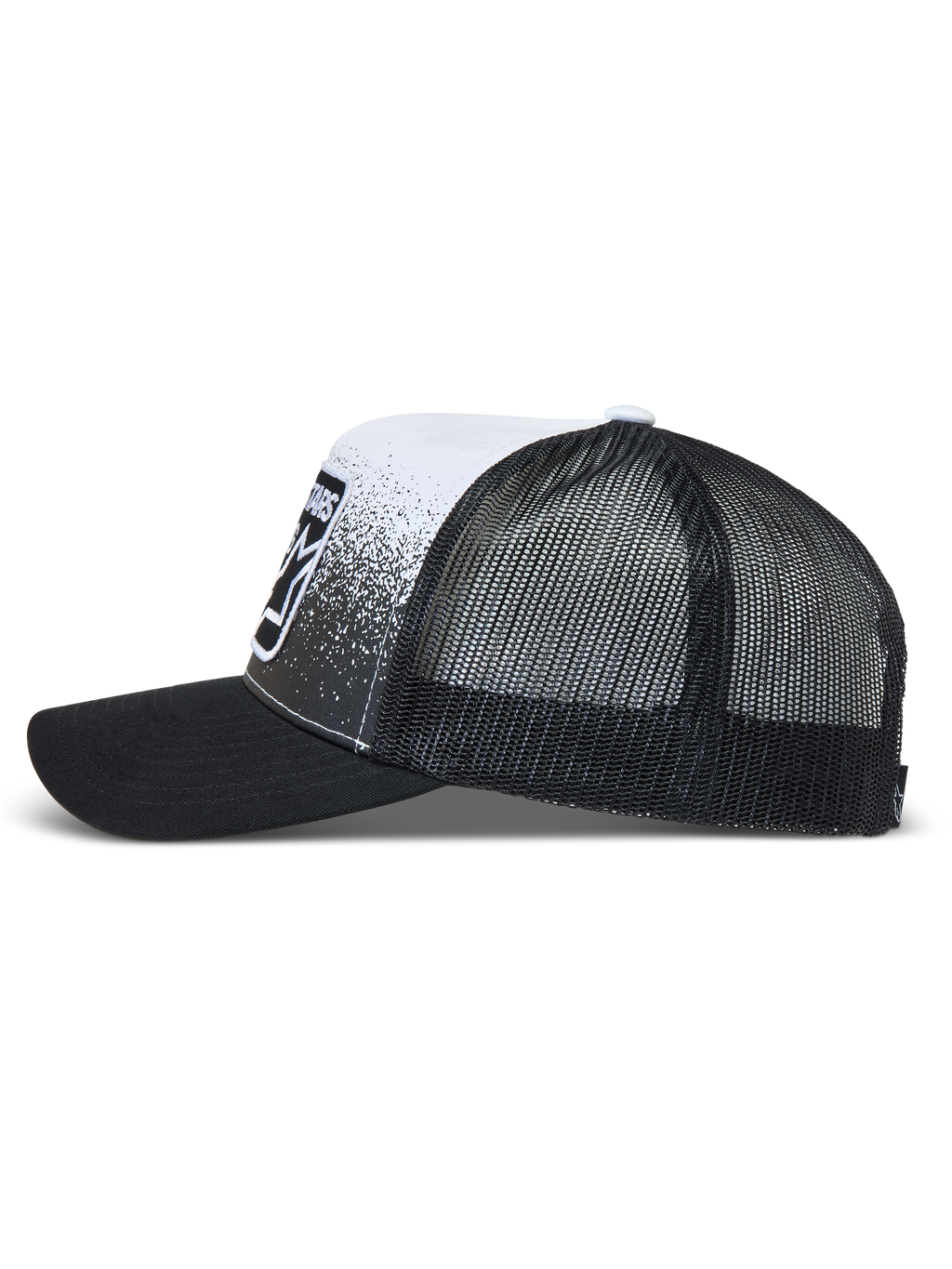 Alpinestars Gravel Trucker-Mütze, schwarz-weiße Trucker-Kappe mit Mesh-Rückseite, gebogenem Schirm und vorderem Kieselstruktur-Druck, Sportswear.